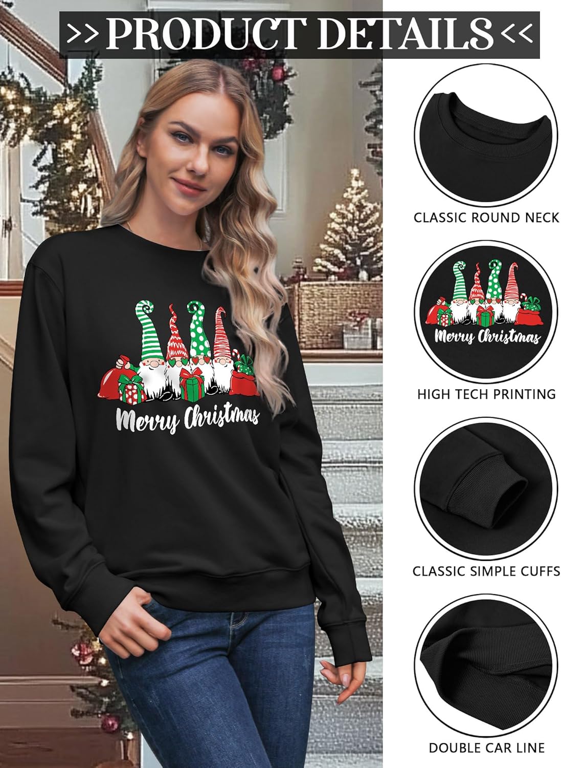 Thumbnail 4 de Yihelian Weihnachts-Sweatshirt für Damen mit Weihnachtswichtel-Print – Rundhalsausschnitt, langärmlig