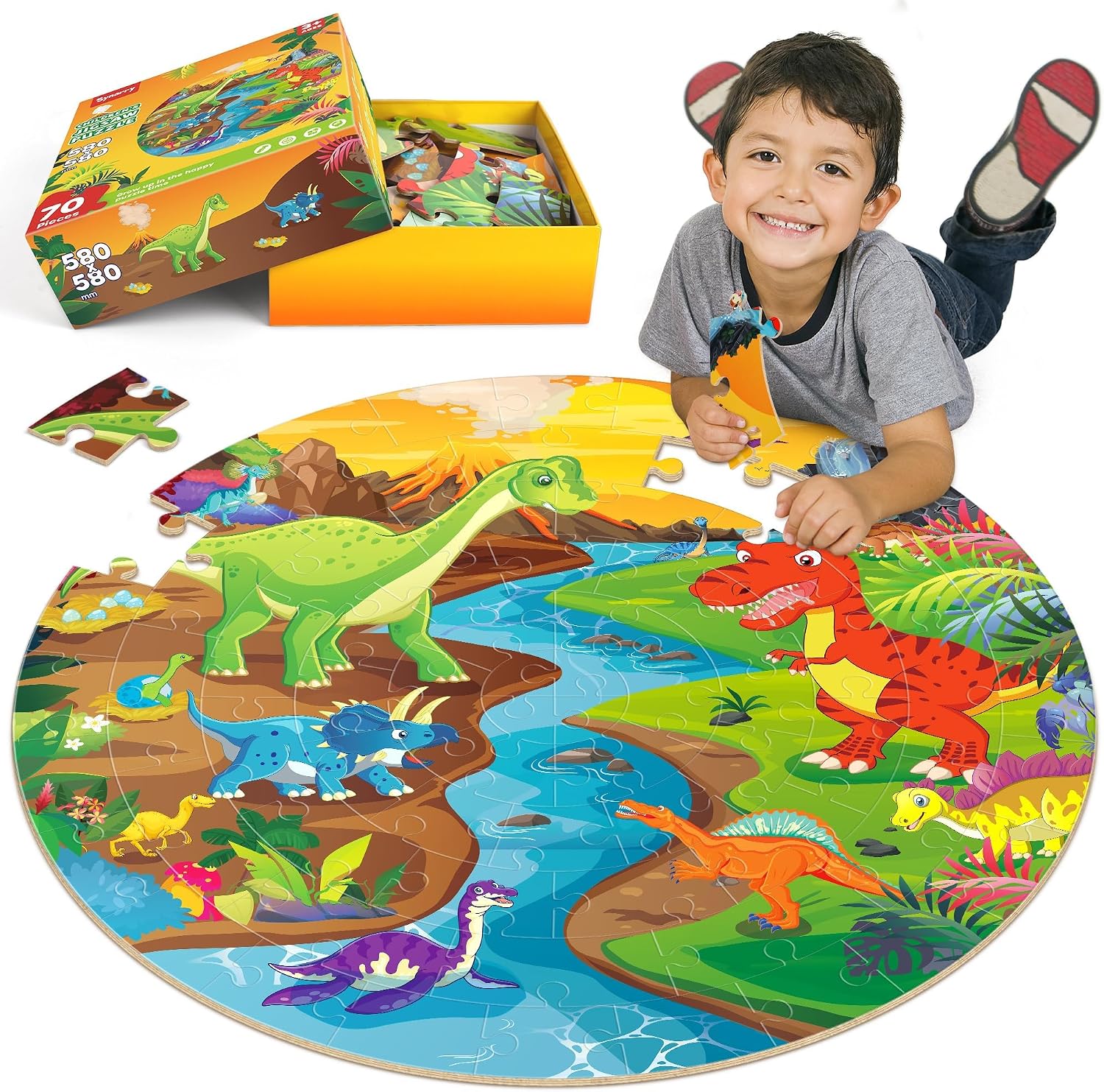 Detalle de SYNARRY SYNP061 Dinosaur Floor Puzzle, 70-Piece Round Jigsaw