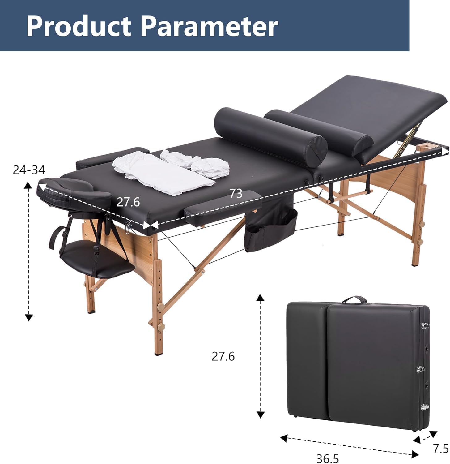 Thumbnail 6 de BestMassage MT-T3SF2-Black Portable Massage Table, 73" x 28", Adjustable Height