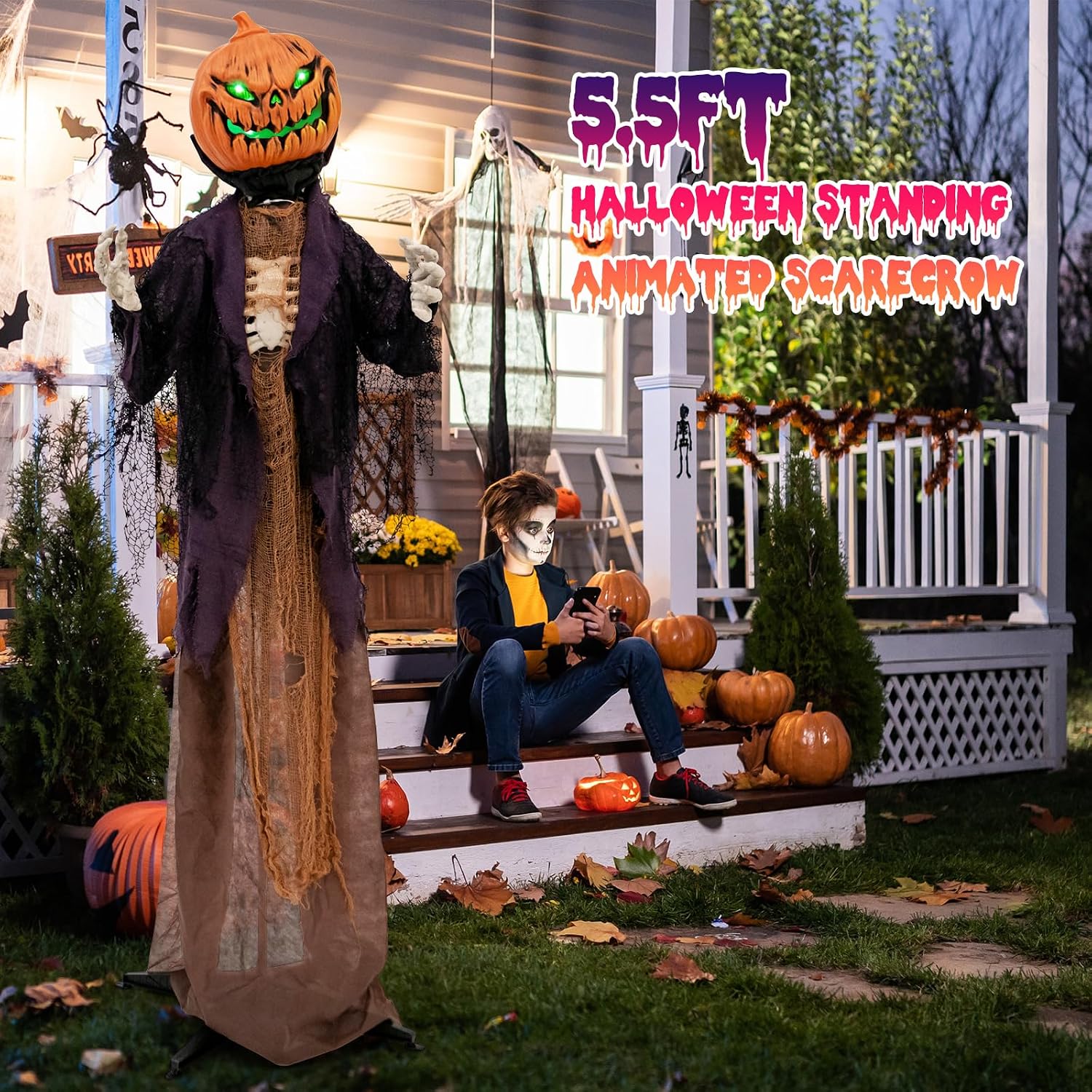Detalle 2 de Tangkula AM7608HM 5.6-Ft Animated Pumpkin Scarecrow with Green Eyes