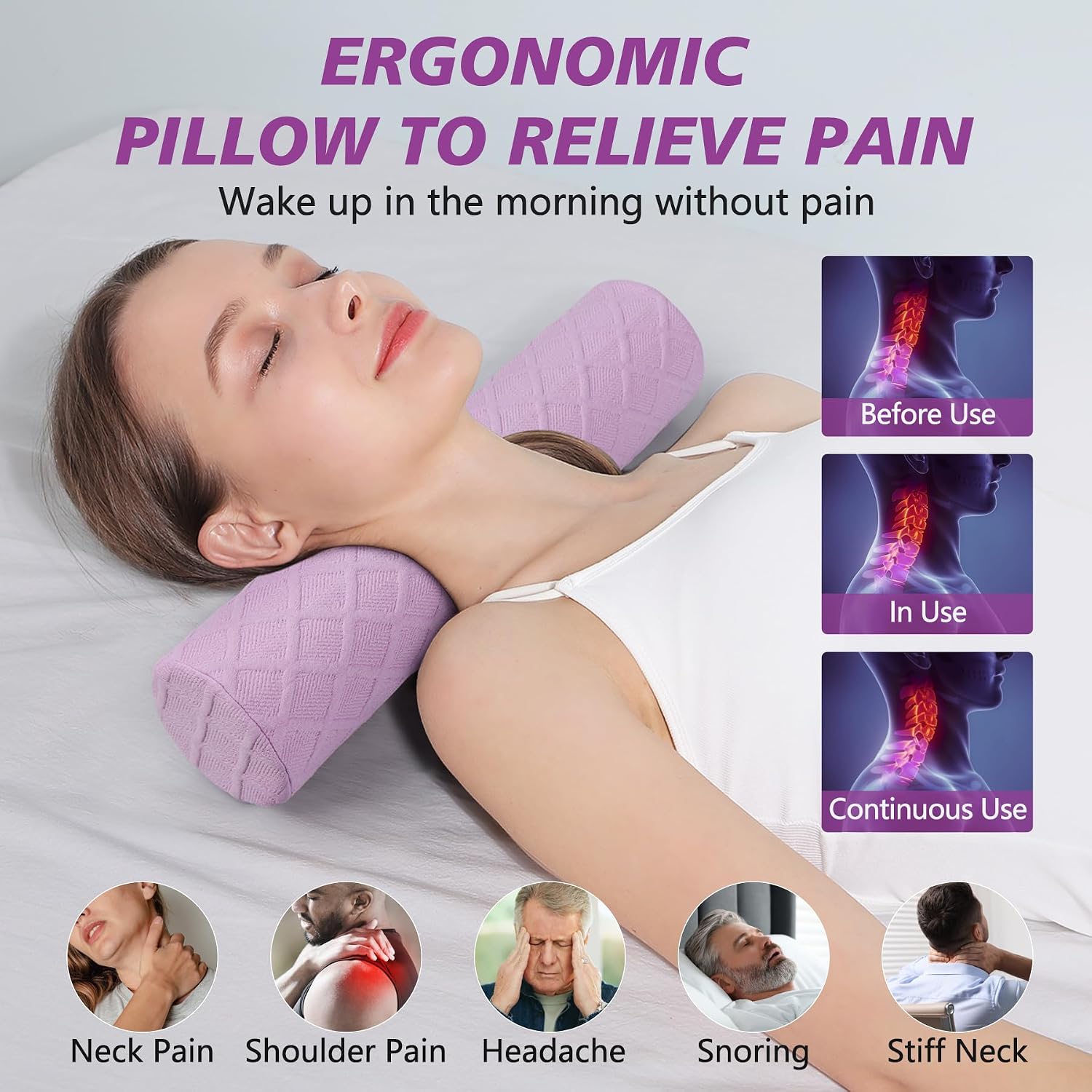 Detalle de Cozyhealth Neck Roll Pillow Memory Foam Cervical Bolster, Medium Soft, Purple