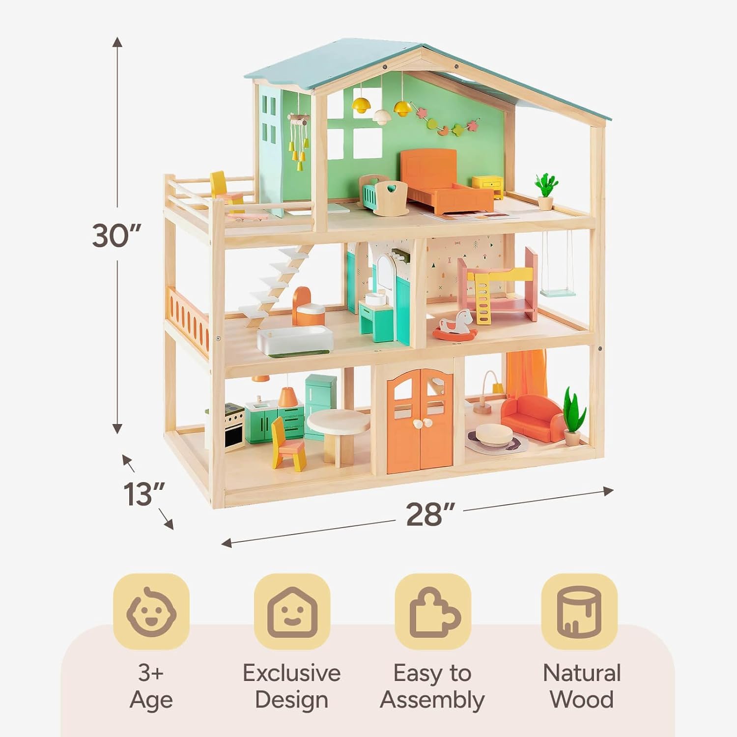 Detalle 2 de Giant bean Large Wooden Dollhouse with 32-Piece Furniture Set, 3-Story 5-Room Playhouse