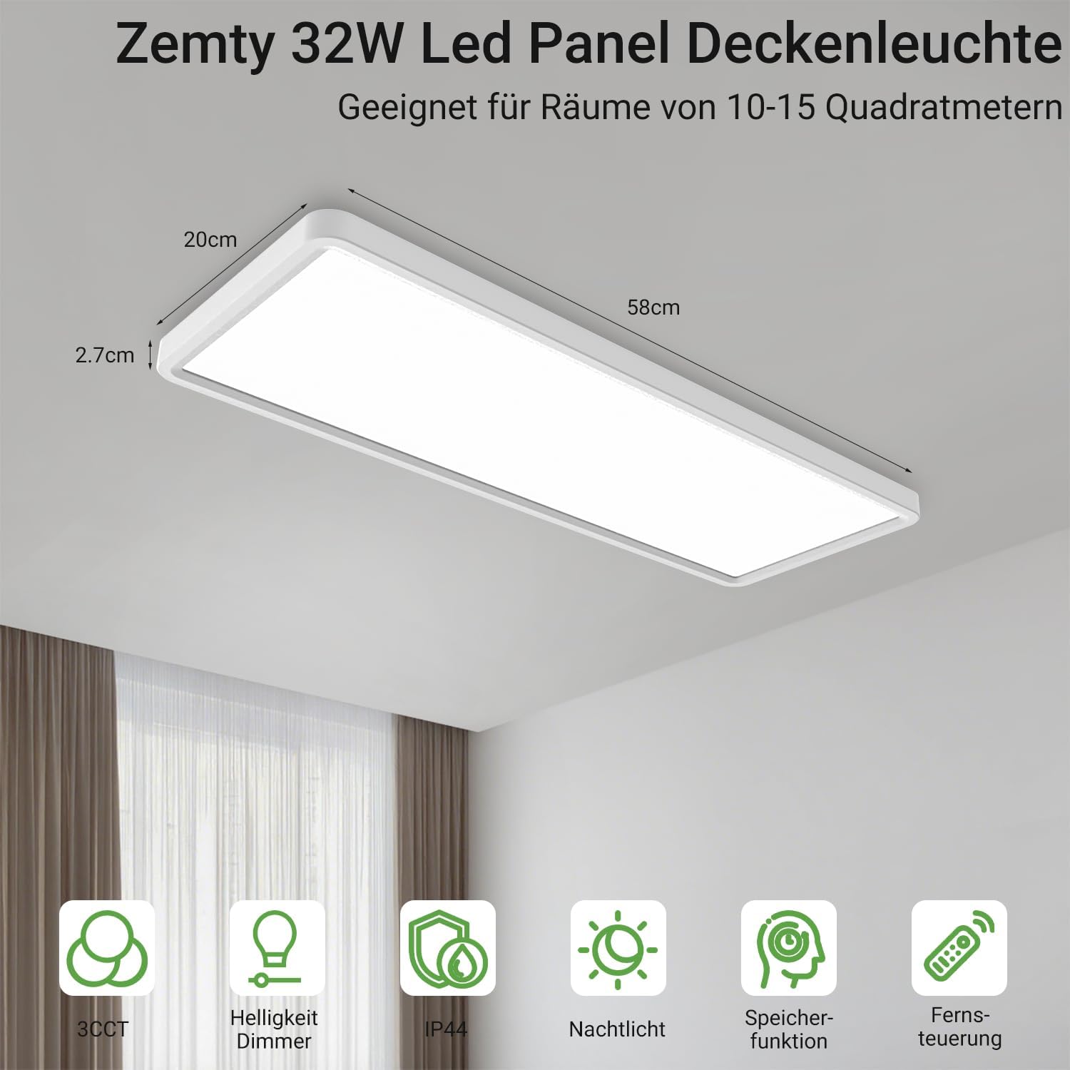 Thumbnail 4 de zemty LED Panel Deckenleuchte 58x20 cm – dimmbar, Fernbedienung, 3000–6500K, 3500 lm, IP44