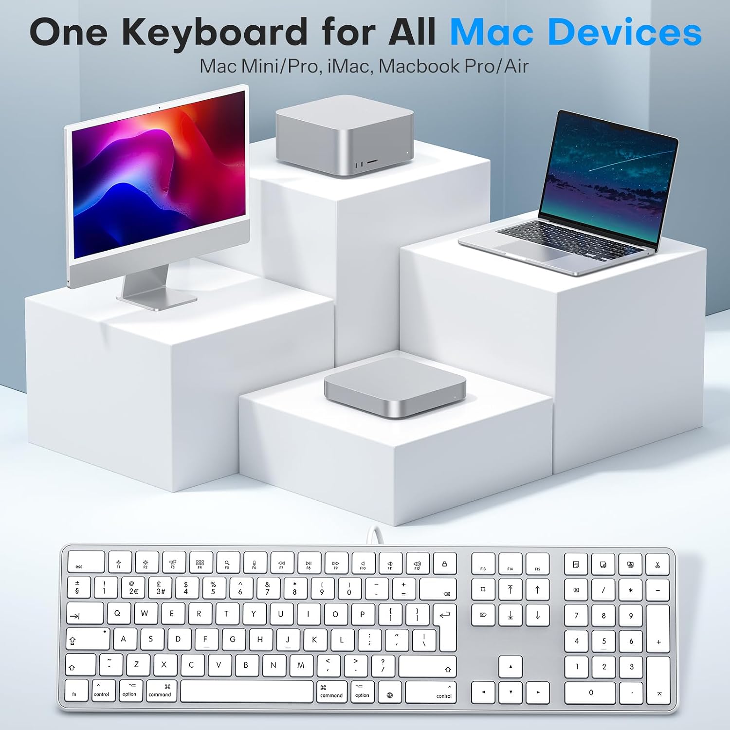 Detalle de OMOTON Wired Keyboard for Mac with Number Keypad (UK Layout) – USB & Type-C Dual Interface, Full-Size, Silver