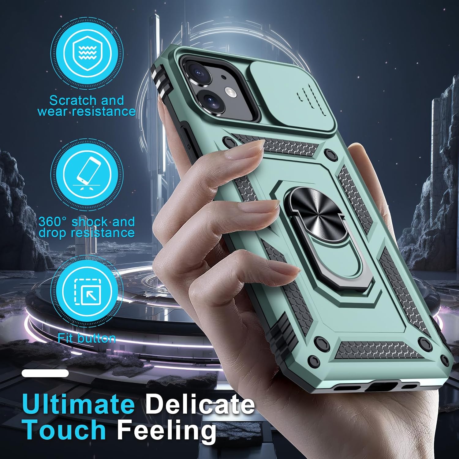 Thumbnail 6 de Janmitta Dark Green iPhone 11 Case with Slide Camera Cover, Tempered Glass Screen Protector, Ring Kickstand