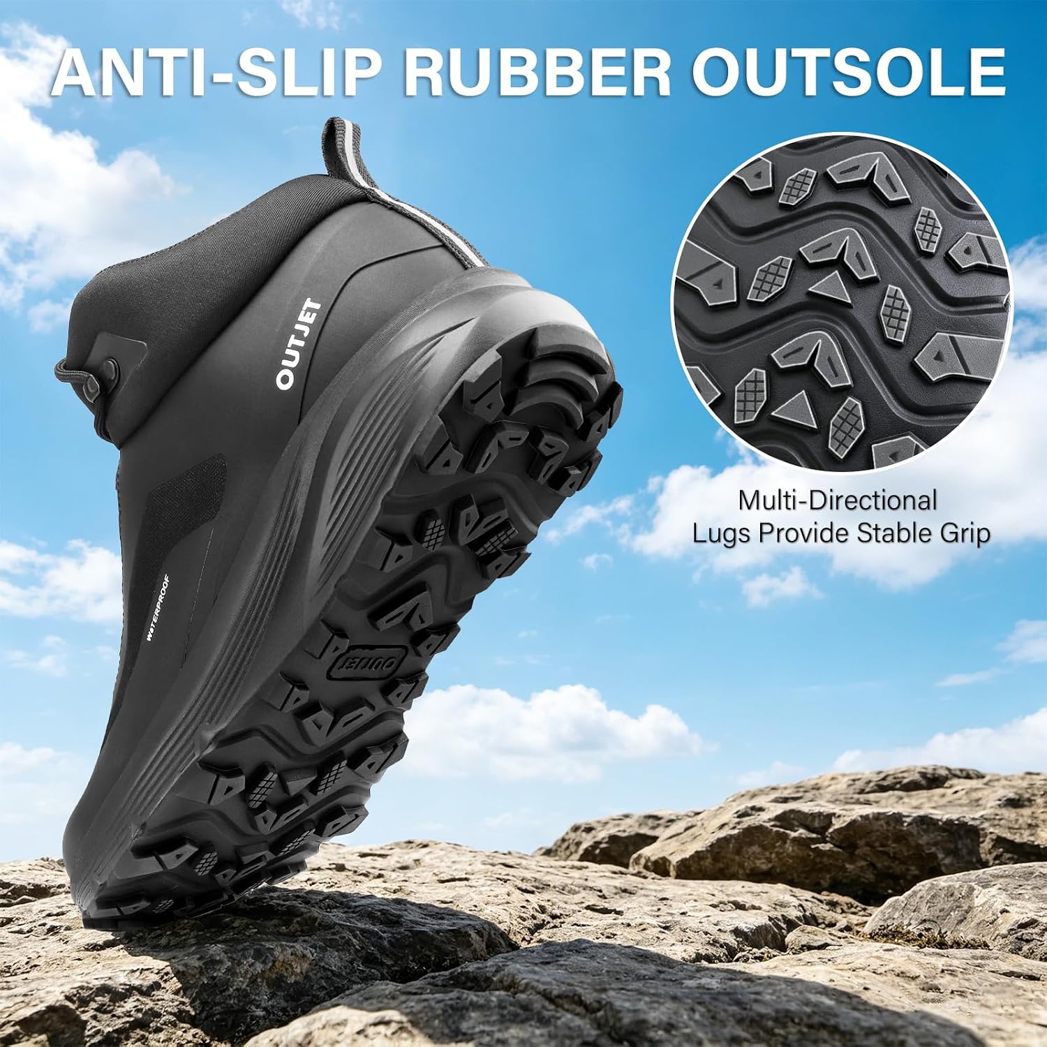 Detalle de OUTJET Men’s Waterproof Hiking Boots (Brown) – Lightweight, breathable outdoor walking treks