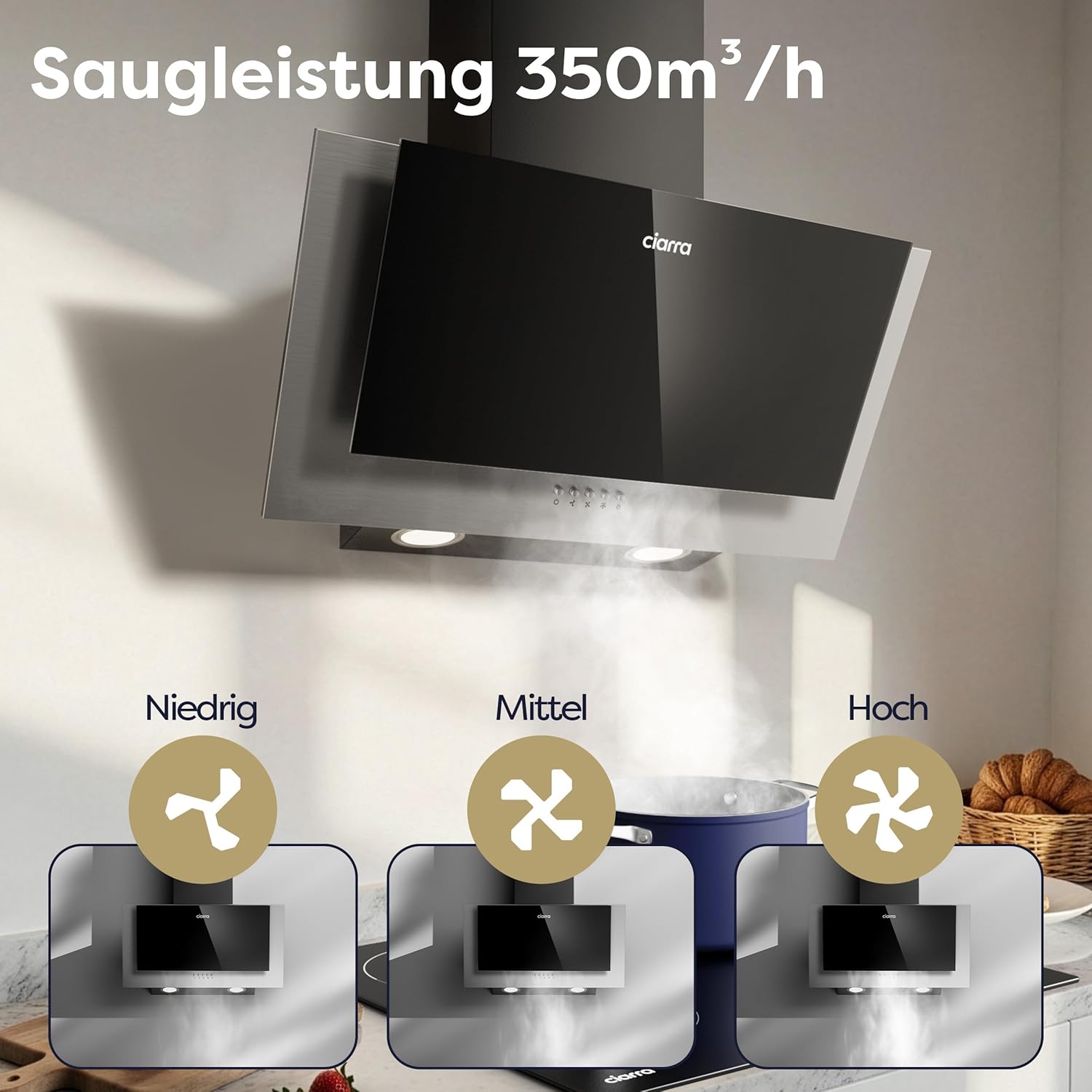 Thumbnail 3 de CIARRA CBCB6736C A++ Dunstabzugshaube (60 cm) Schräghaube, Umluft/Abluft bis 350 m³/h
