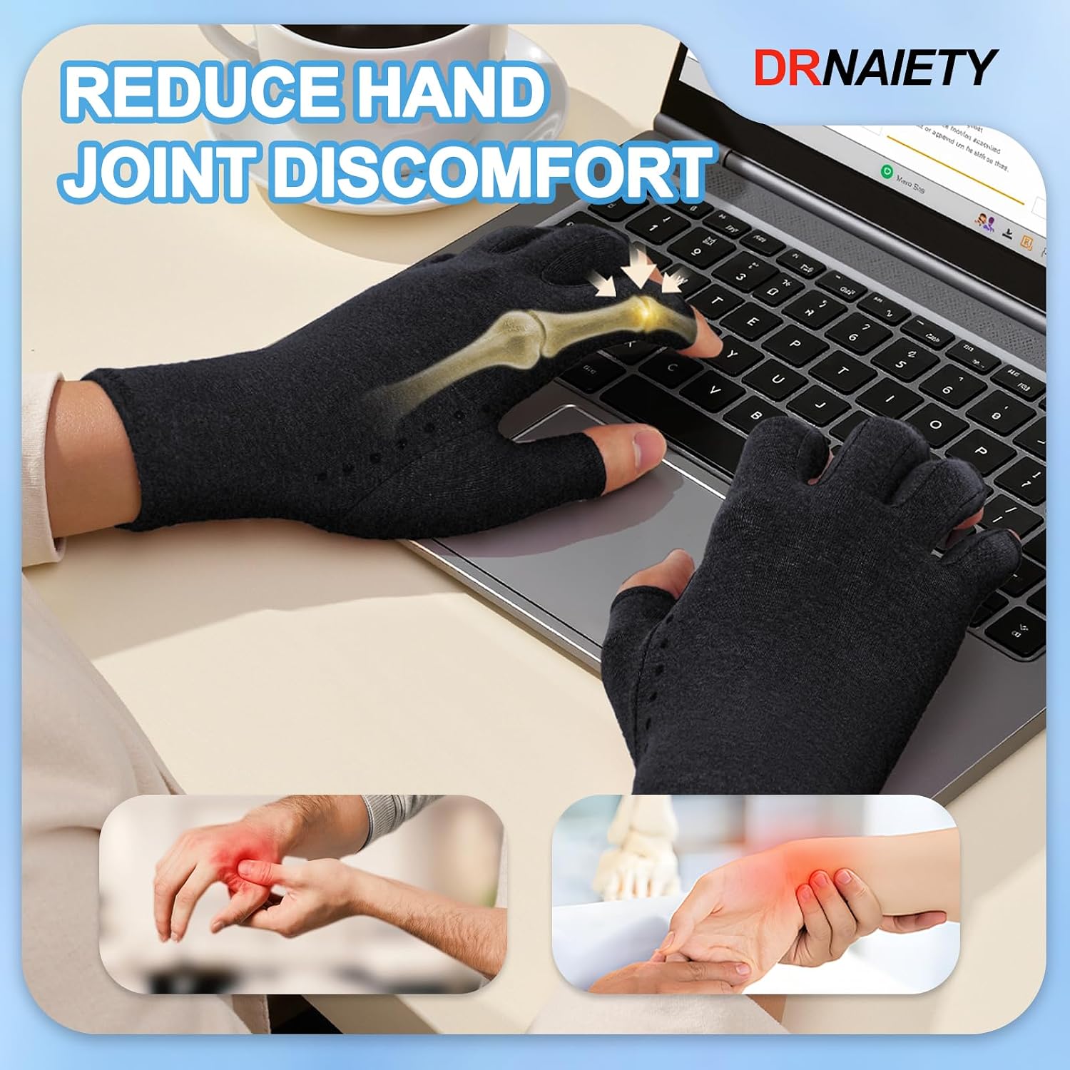 Detalle de DRNAIETY 2-Pair Arthritis Compression Gloves - Fingerless, Breathable Support for Hand Pain (Black)