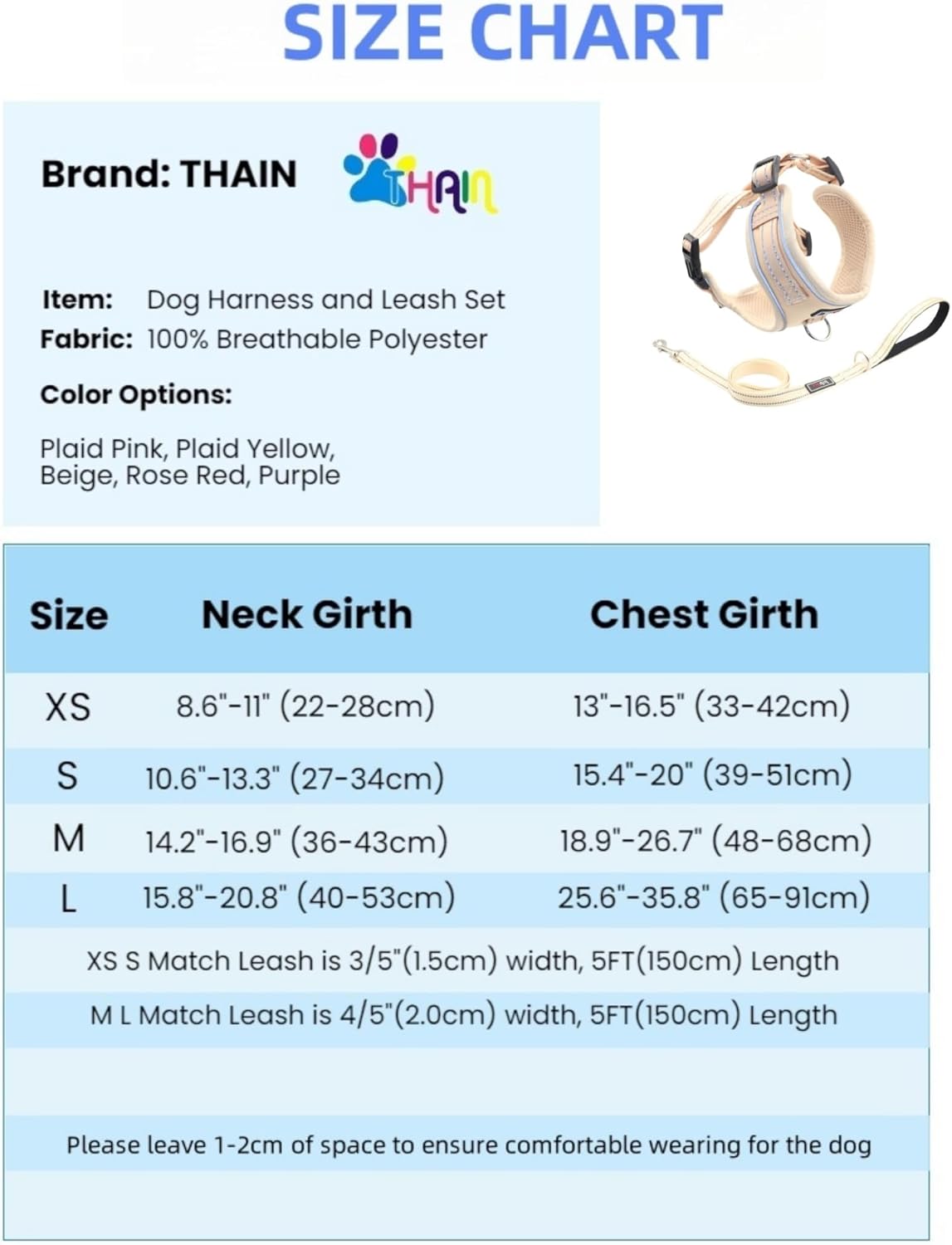 Thumbnail 2 de THAIN Reflective Dog Harness & Leash Set – No-Pull Design, Large (L), Beige
