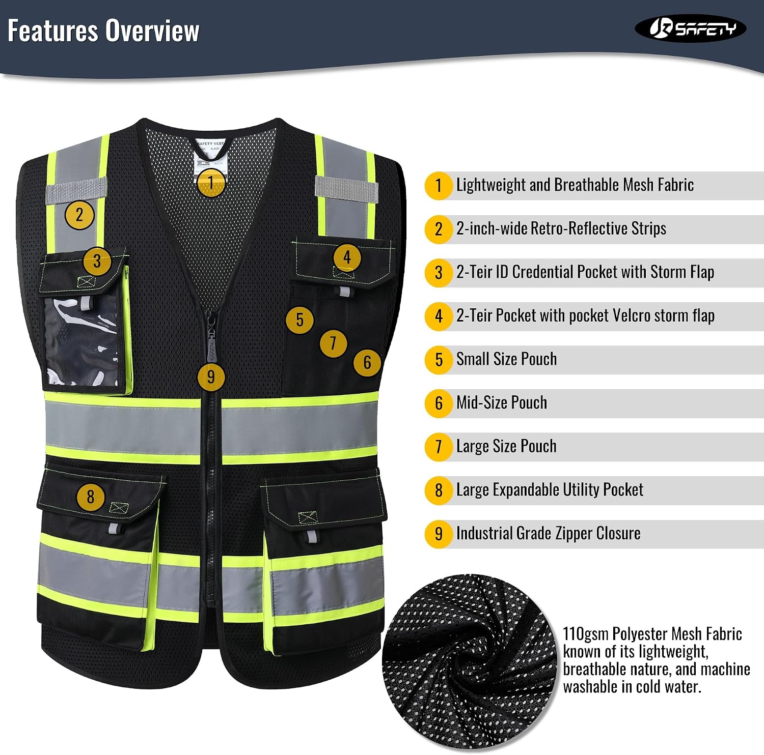 Detalle 2 de JKSafety Hi Vis Reflective Safety Vests (220-Black L) with Mesh Fabric & Pockets