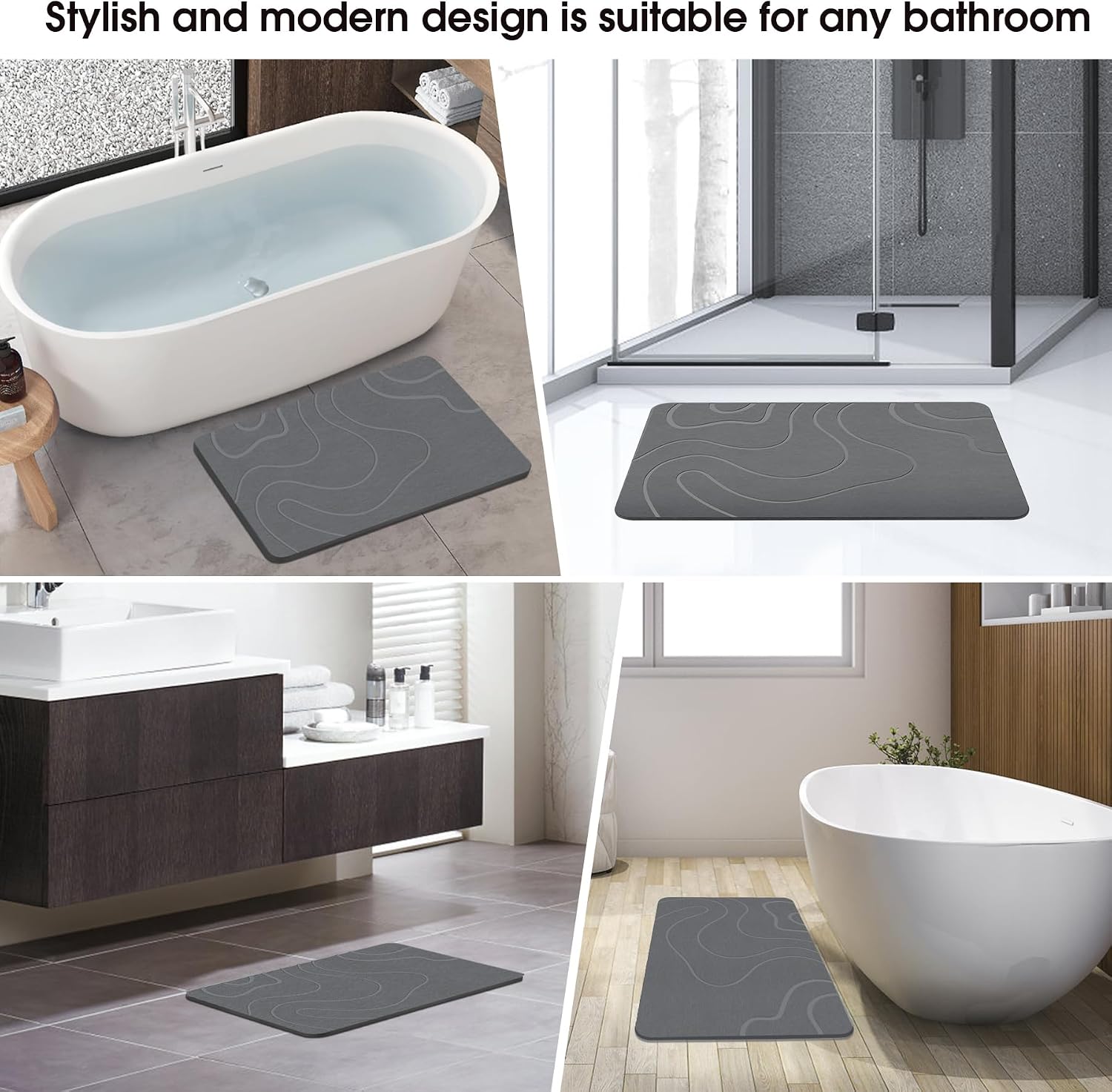Thumbnail 4 de ZIKIBL Stone Bath Mat: Diatomaceous Earth Non-Slip, Quick-Drying 24" x 16" in Grey