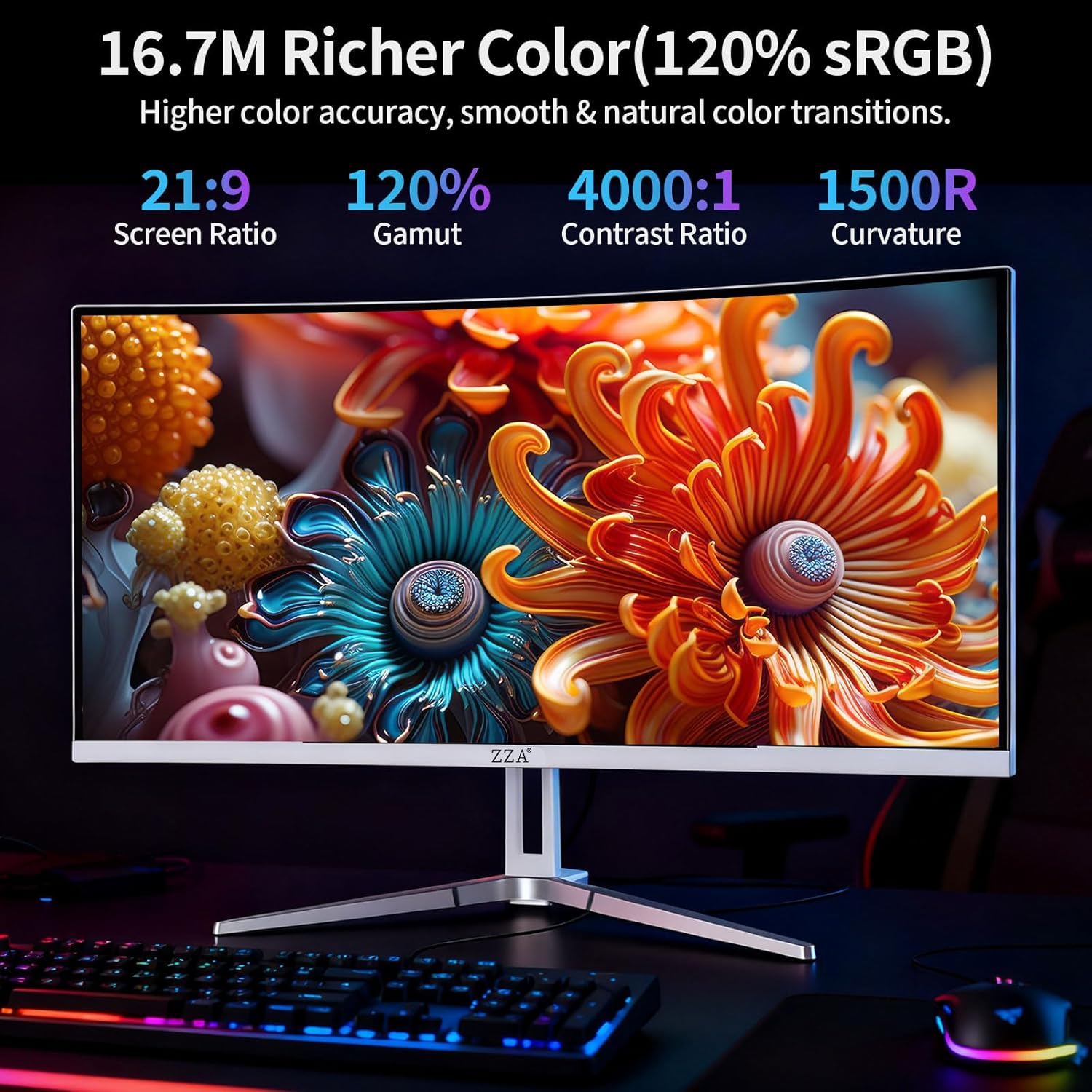 Detalle de ZZA 34'' Curved Ultrawide Gaming Monitor (3440×1440, 180Hz) — FreeSync, HDMI 2.1 & DP 1.4, PBP