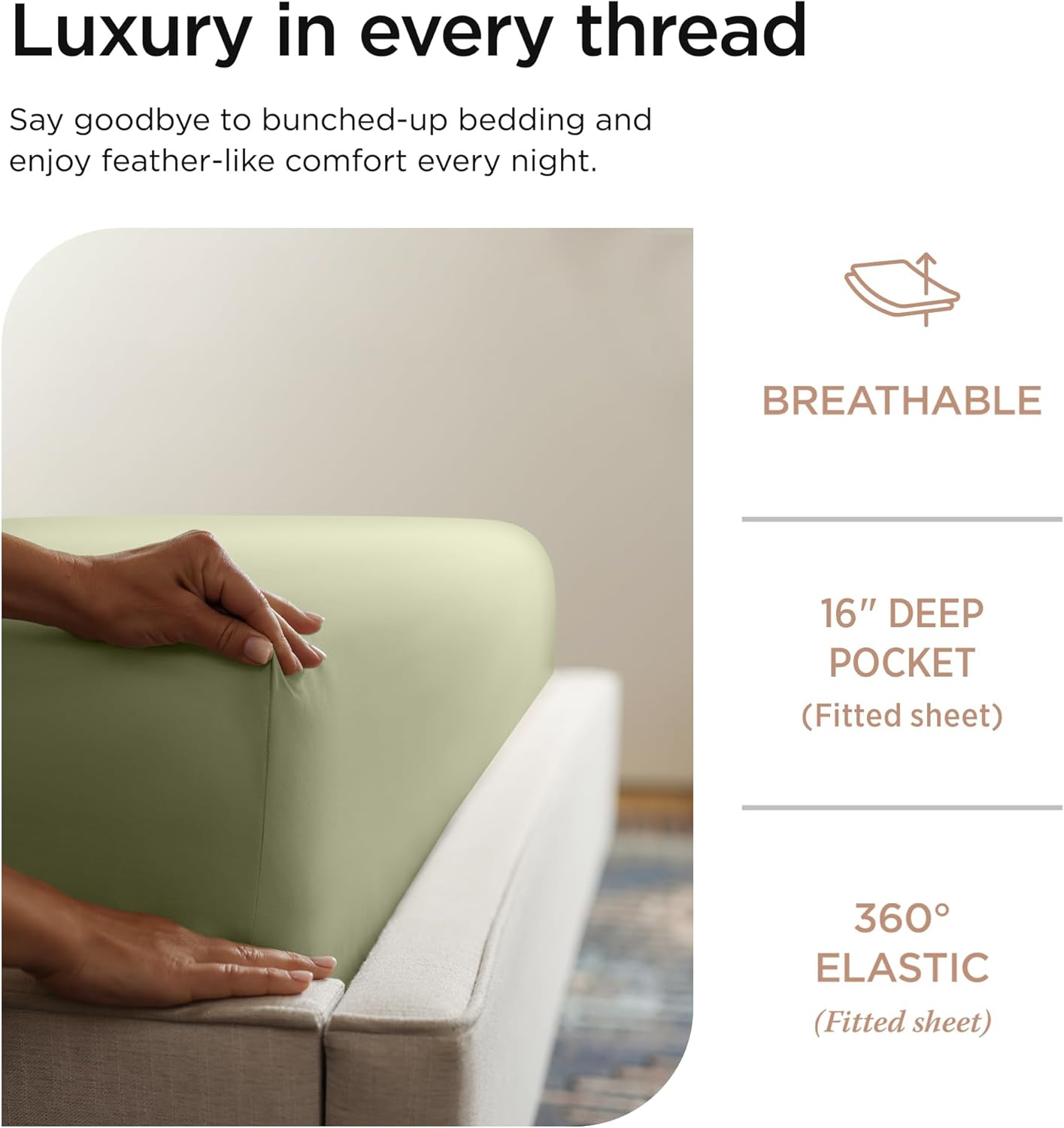 Detalle de Threadmill 100% Cotton Queen Sheets Set with 600 Thread Count in Sage Green