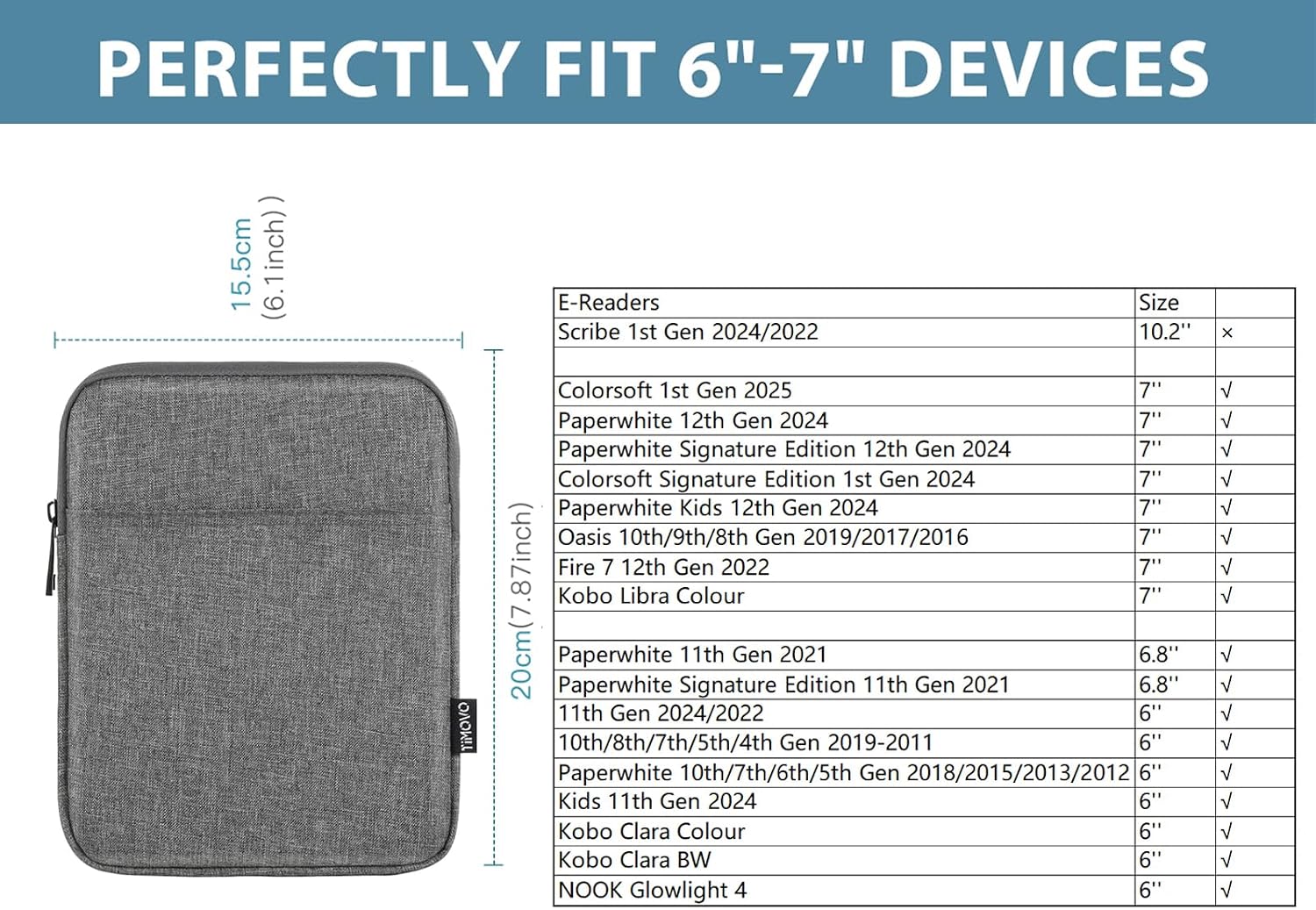 Detalle 2 de TiMOVO Schutzhülle 6–7 Zoll für eReader – Stoßfeste Sleeve mit Reißverschluss, Dunkelgrau