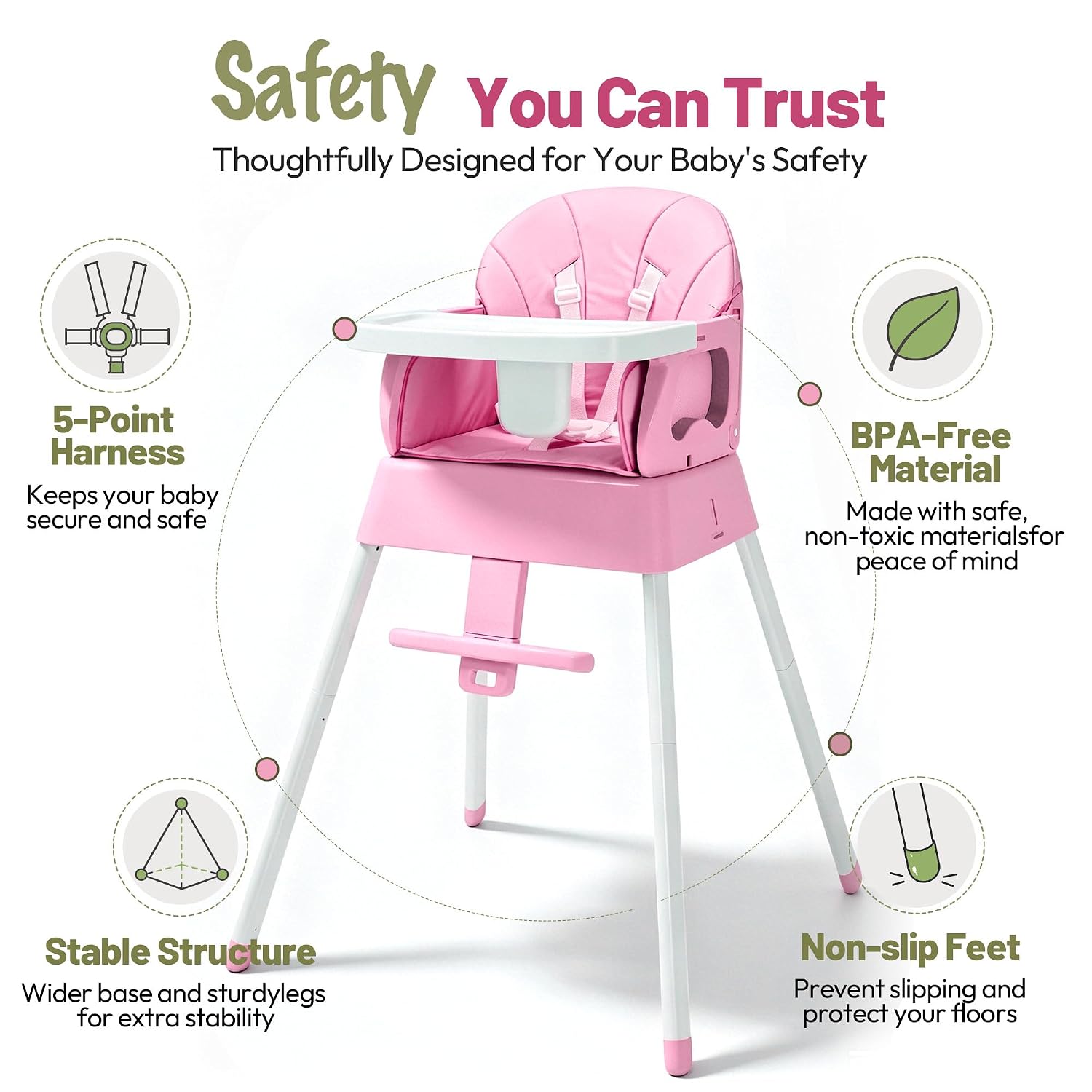 Detalle de BABHAMNESS 5-in-1 Foldable Baby High Chair with 5-Point Harness, Pink