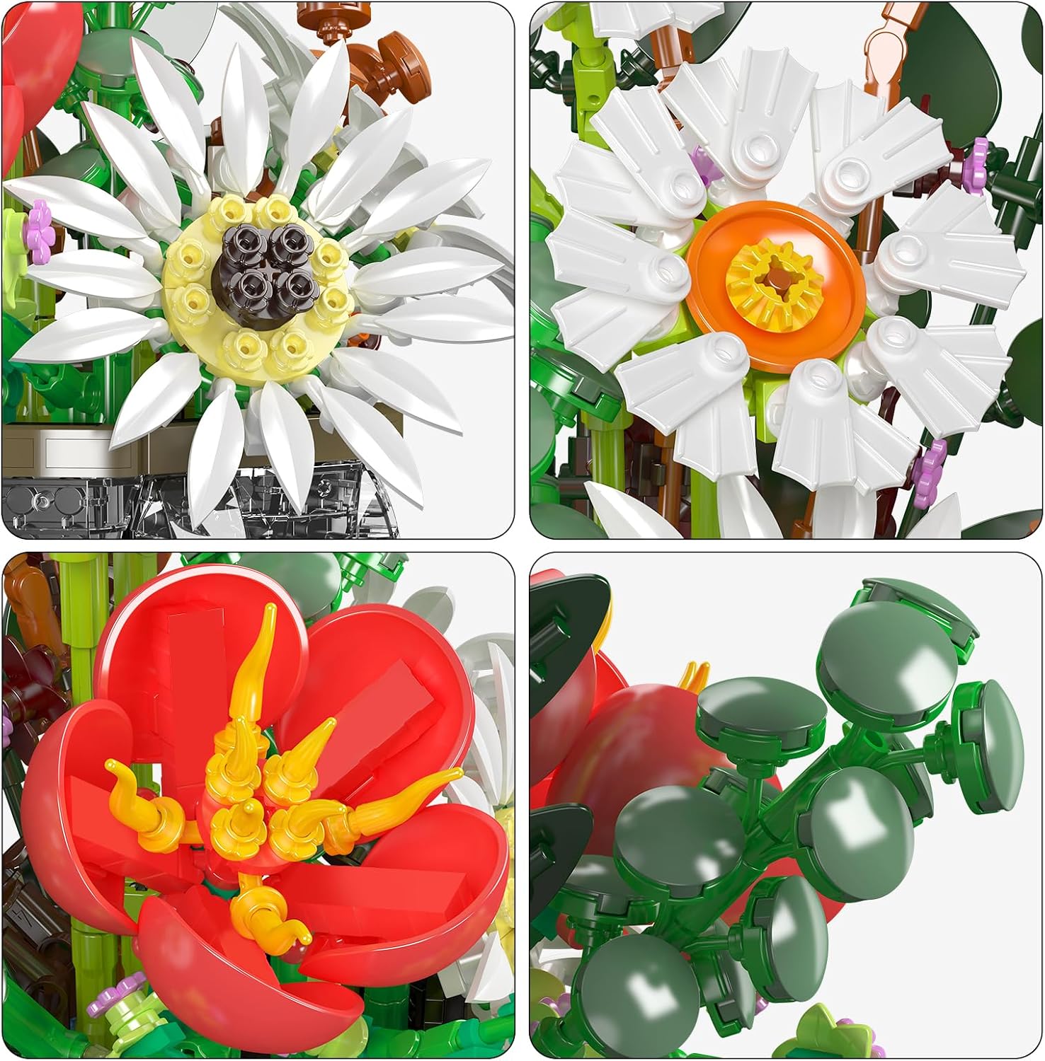 Detalle de Mould King 24107 Blumen-Baustein-Set (mit Vase) – Sonnenblumen, Tulpen und Gänseblümchen