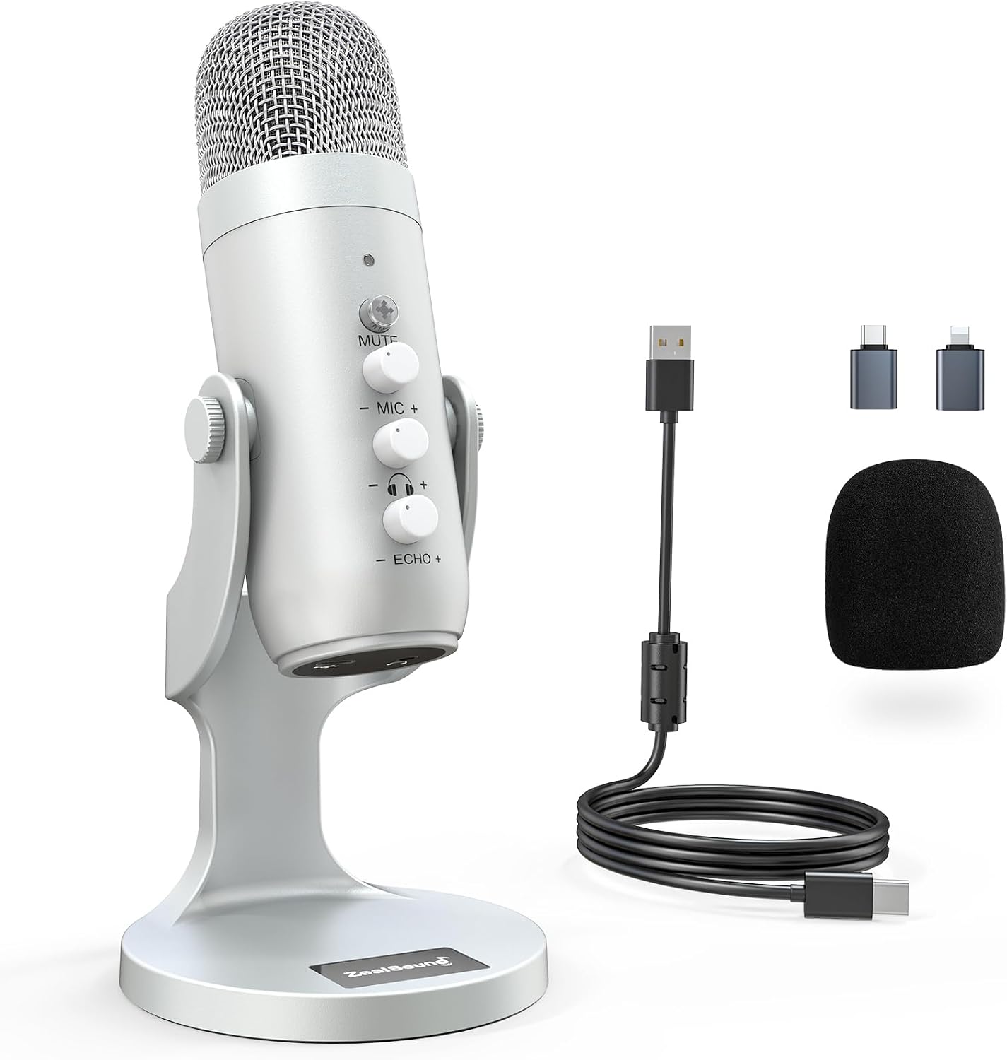 Detalle de ZealSound K66 USB Kondensator-Mikrofon – Plug & Play für PC, Laptop und Handy (Silber)
