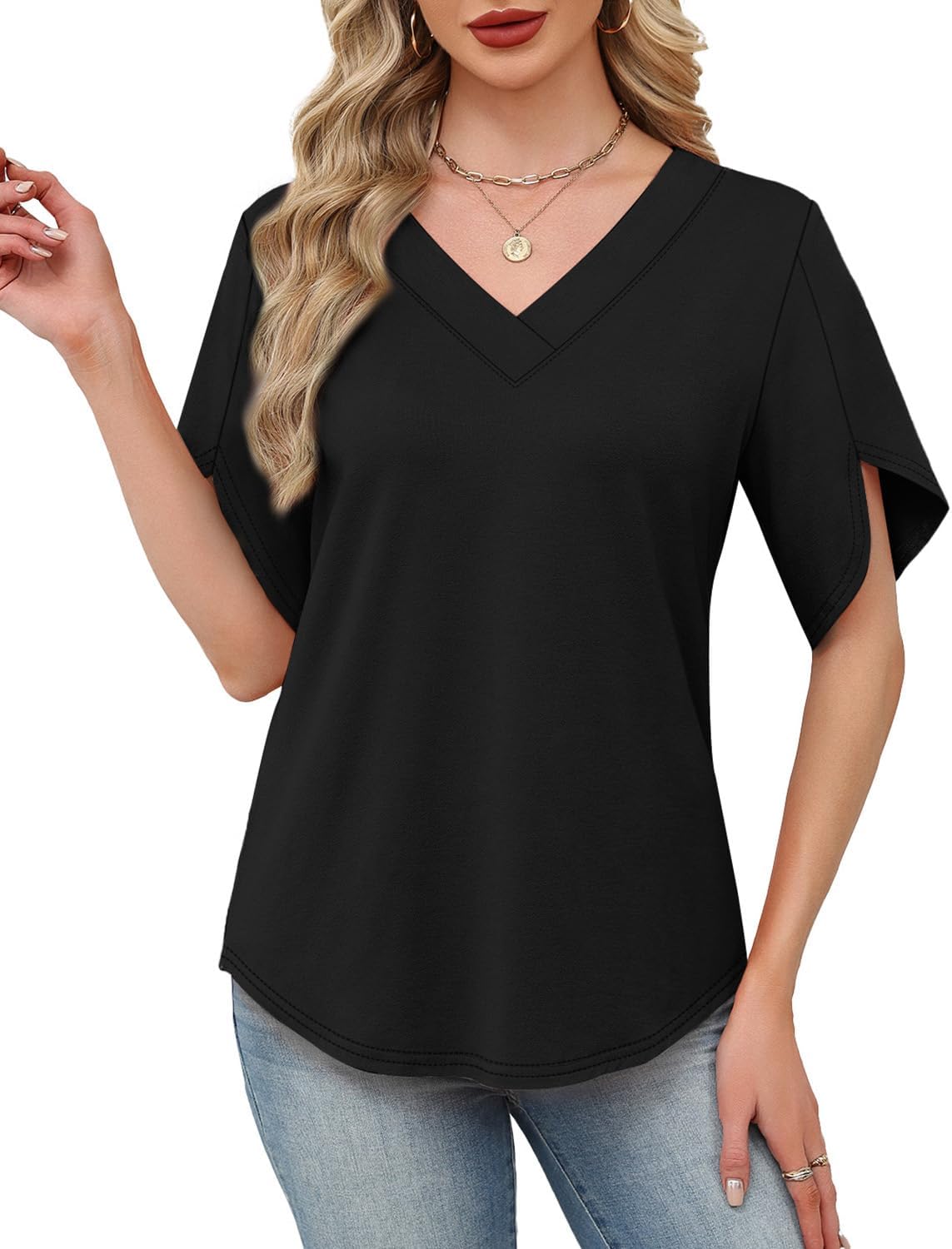Detalle de WIHOLL Women's Summer Top: Petal Sleeve, V-Neck – Versatile Wardrobe Essential