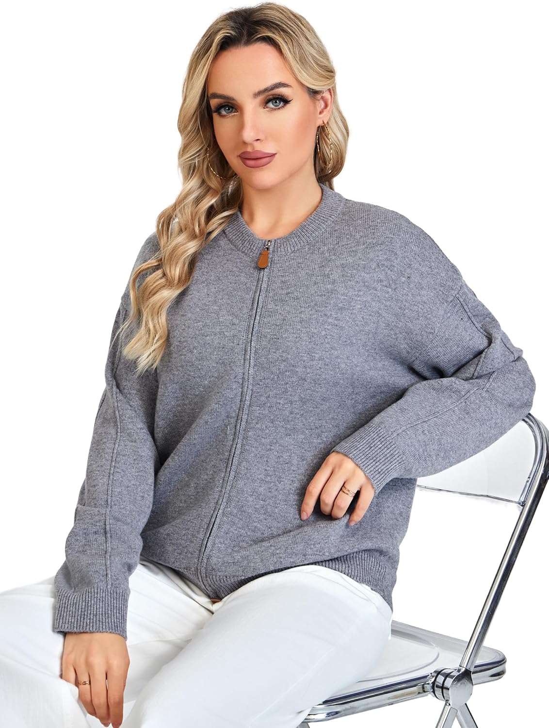 Thumbnail 4 de VETLURY Damen-Strickjacke aus 100% Merinowolle mit Doppelreißverschluss (Rundhals Cardigan) für die Übergangszeit
