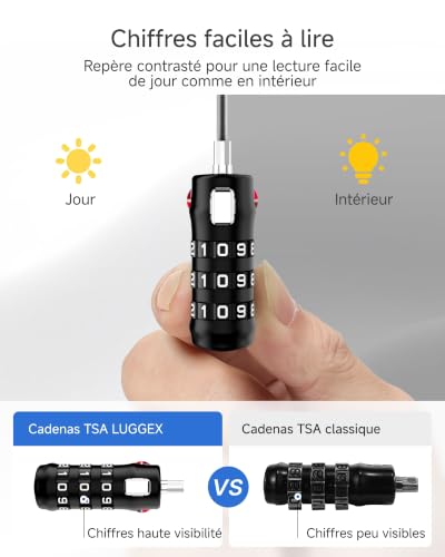 Detalle de LUGGEX Cadenas Valise TSA Approuvé – Cadenas avion à 3 chiffres, lot de 4