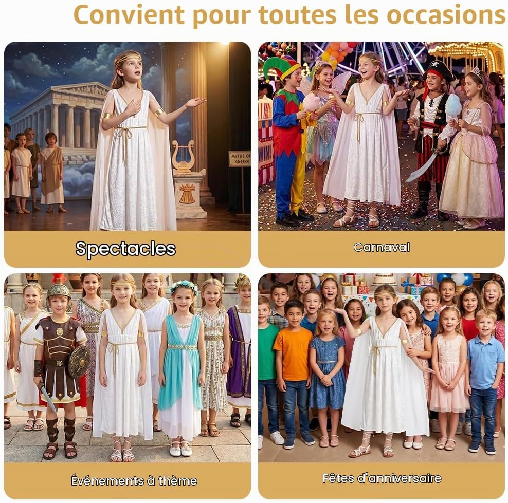 Thumbnail 6 de Alaoo Griekse godin kostuum voor kinderen, wit polyester met gouden details