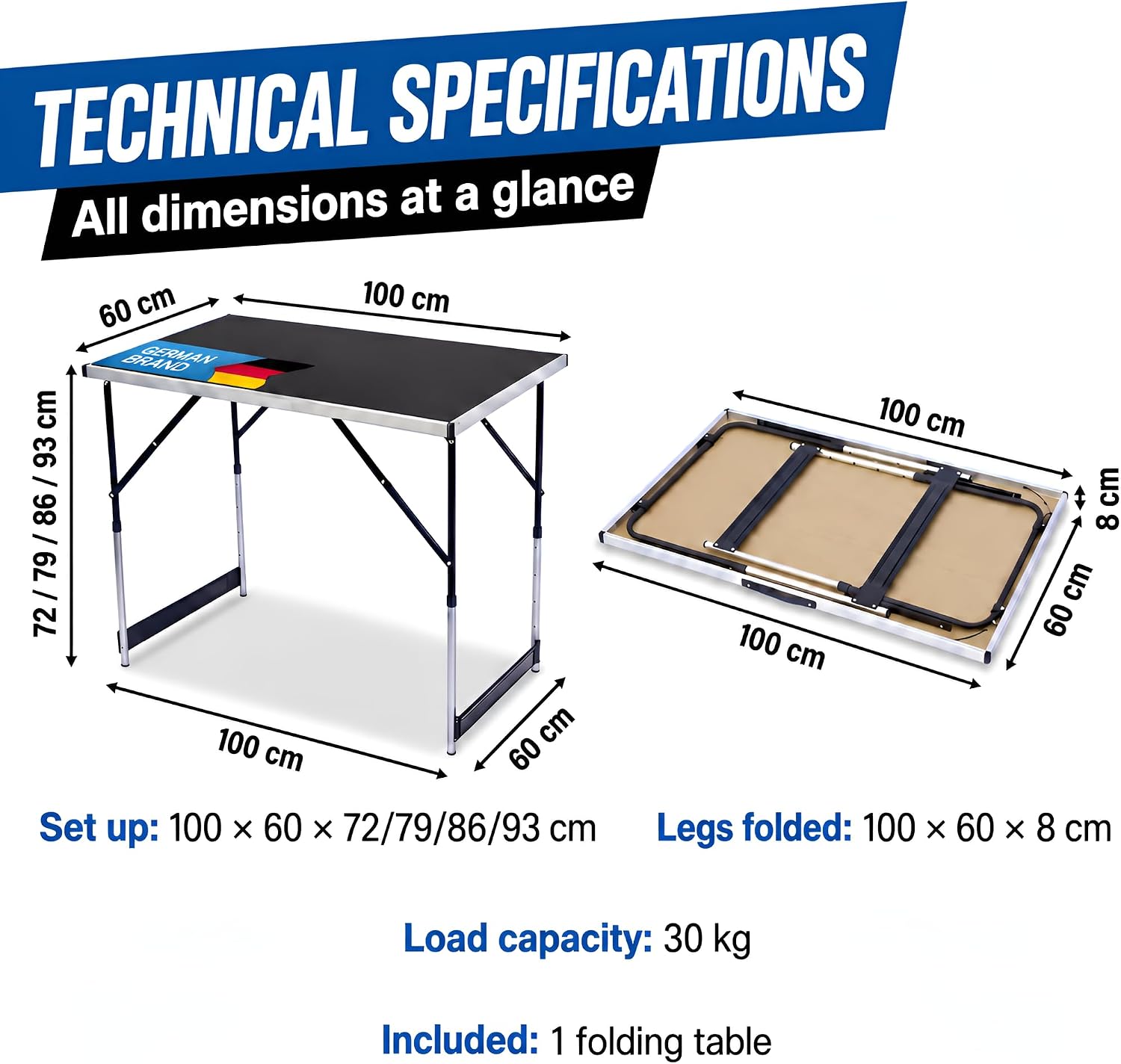 Detalle 2 de GOODS+GADGETS 3169011 Folding Table, 100 x 60 cm, 4 Heights, 30 kg
