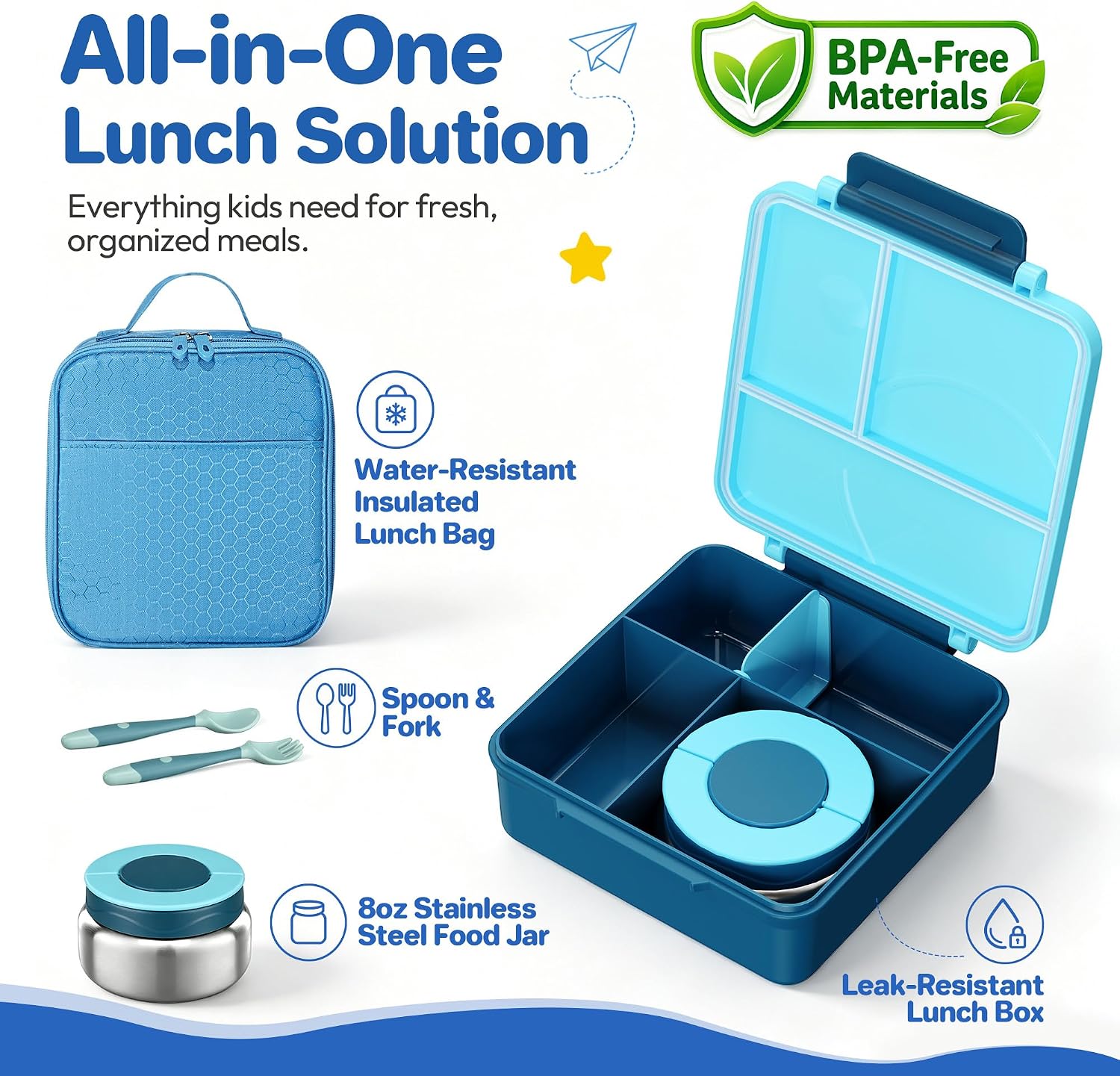 Thumbnail 1 de Kids Bento Lunch Box Set with 8oz Soup Thermo, Leak-Proof 4-Compartment Containers & Insulated Lunch Bag (Blue)