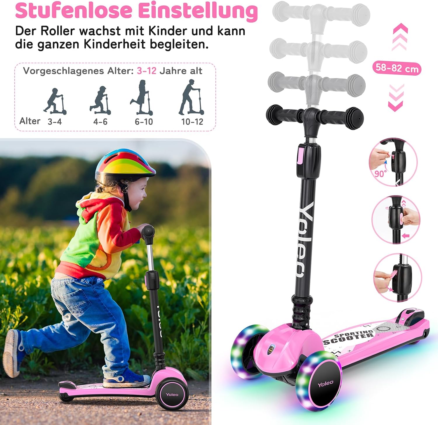 Thumbnail 2 de YOLEO Kinderoller Dreiradscooter – verstellbarer Lenker, leuchtende PU-Räder und kompakte Falteigenschaft