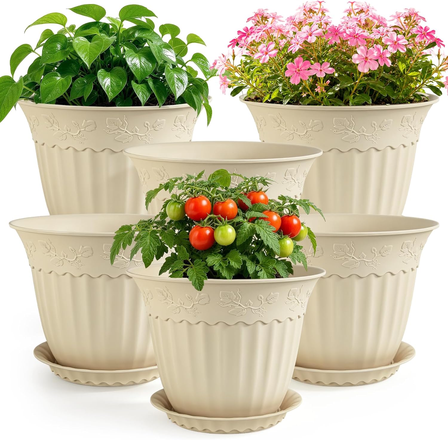 Detalle de ZMTECH 10-Inch Plant Pots, 6-Pack with Saucers, Ivory Cream