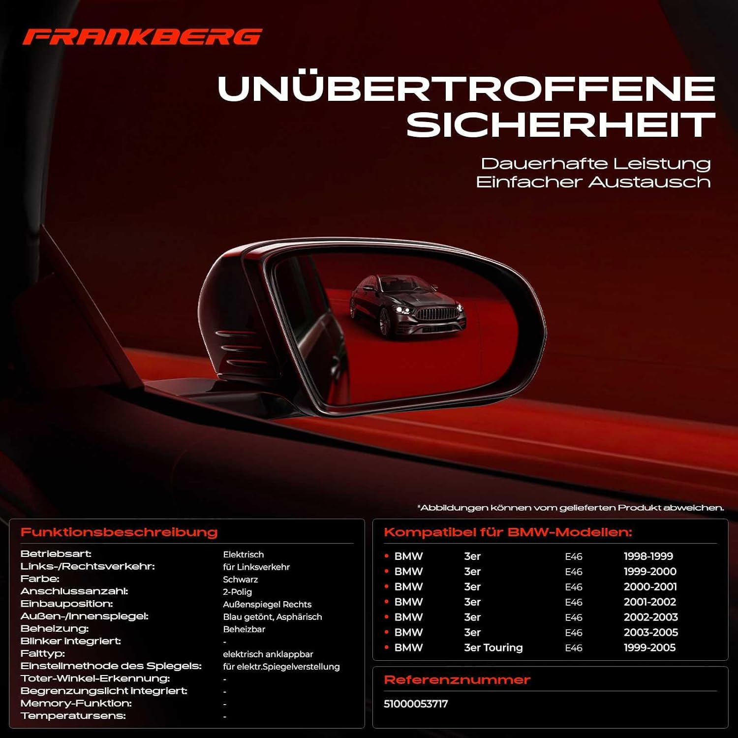 Detalle de Frankberg Elektrisch Außenspiegel rechts für BMW E46 3er (98–05) – beheizbar, elektrisch einklappbar