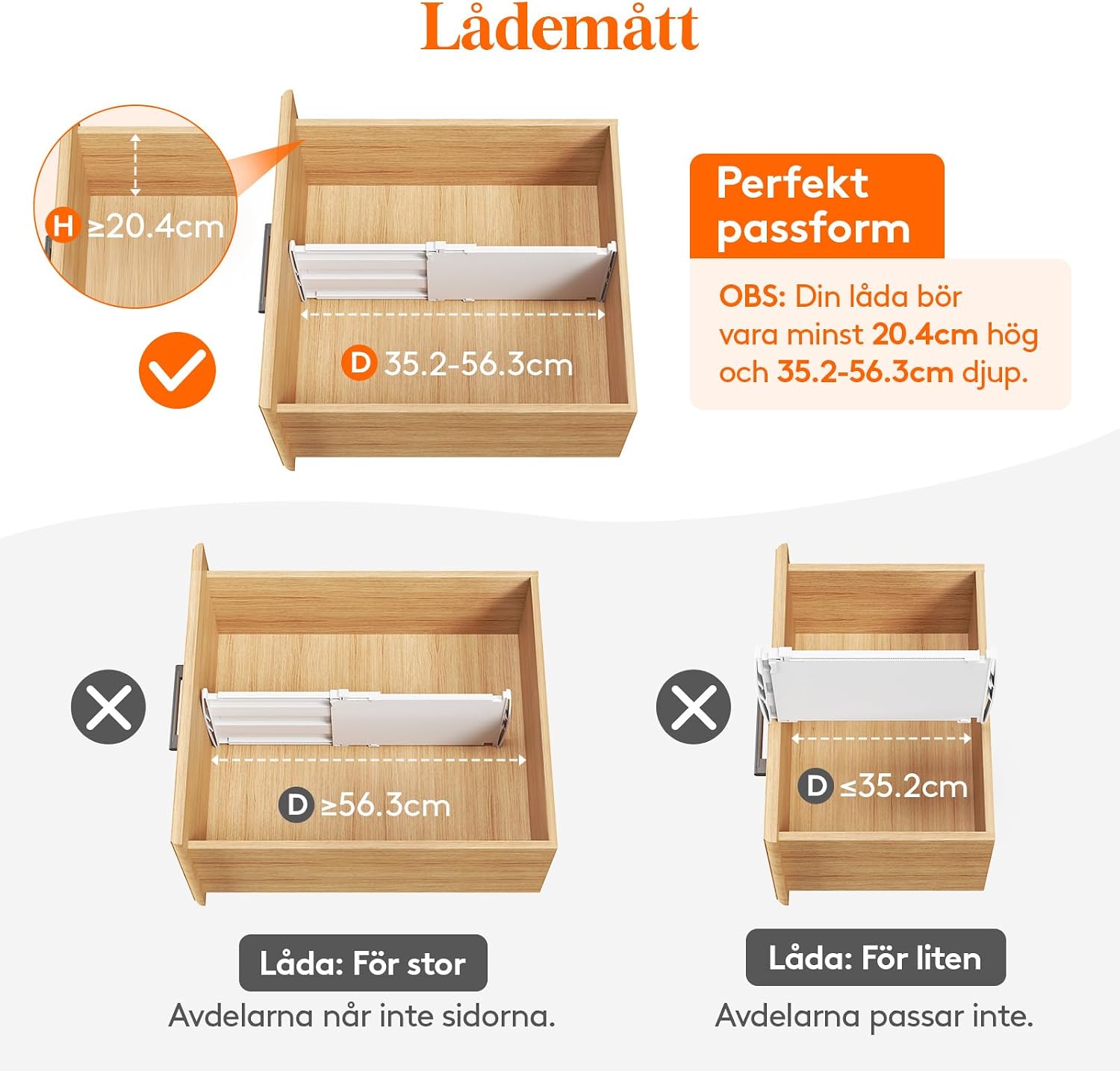 Detalle de Lifewit 24566 lådavdelare, 4-pack, justerbara och 20,4 cm höga