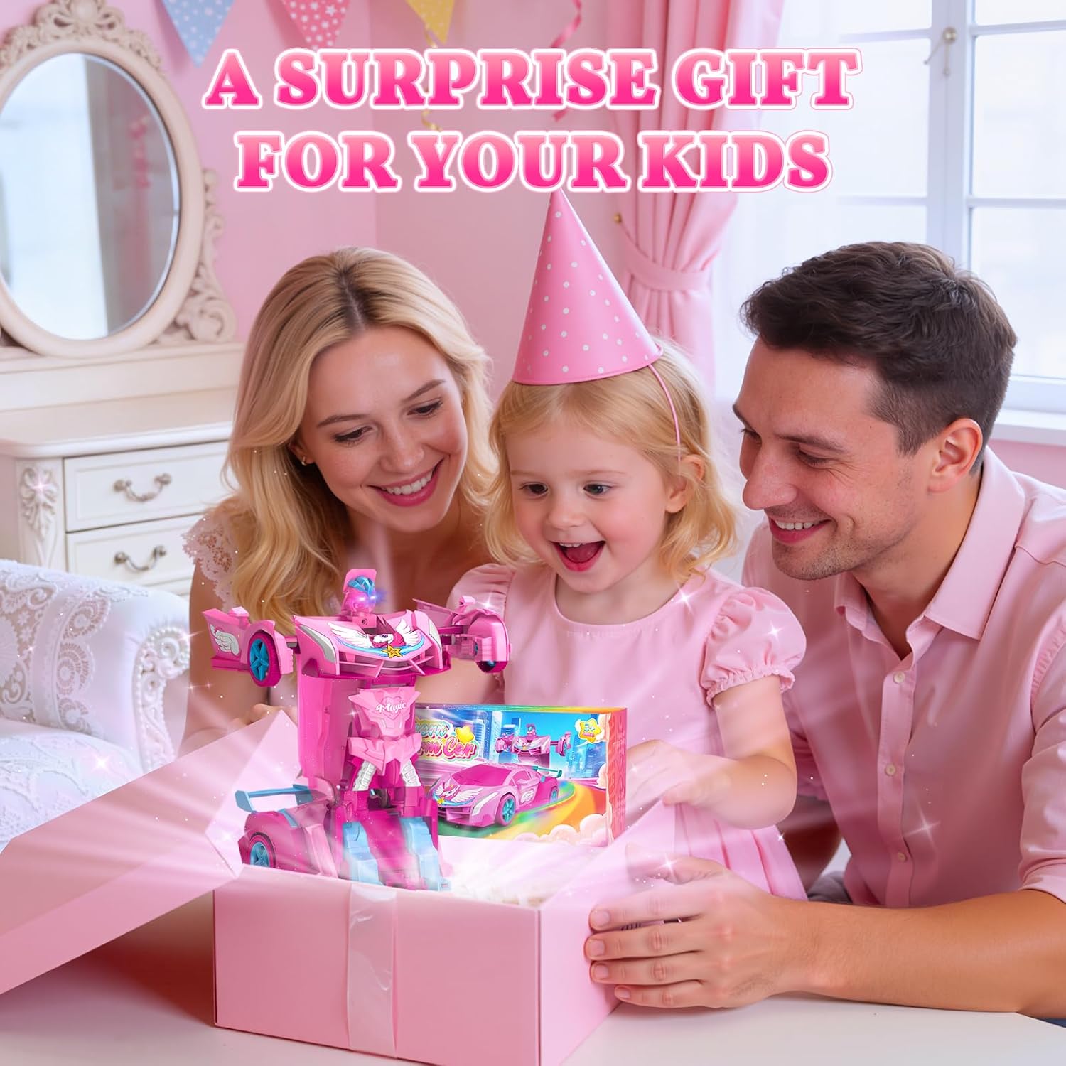 Detalle de Unicorn Transform RC Cars for Girls Toys with Rainbow Eyes & Underbody Lights