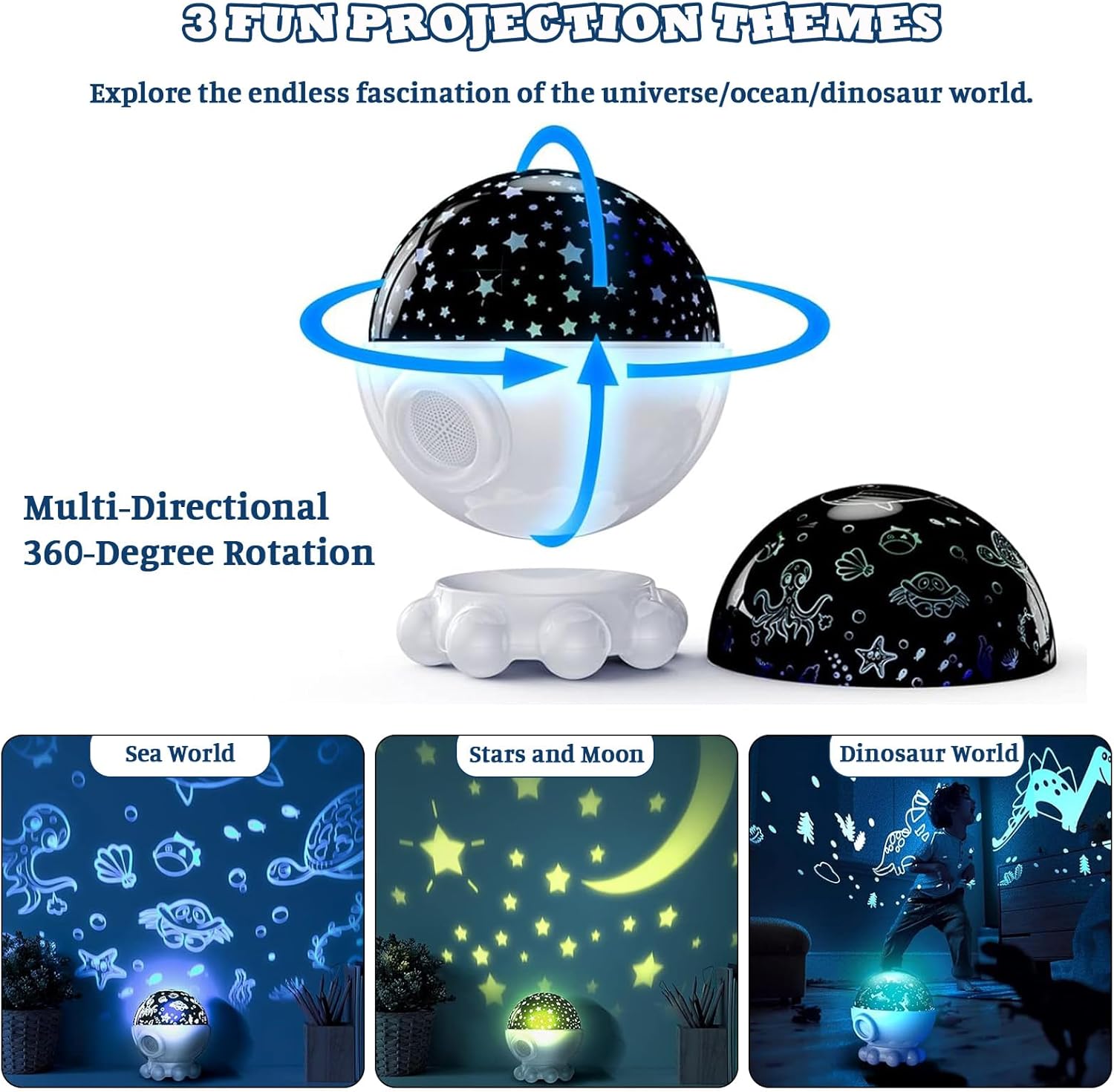 Detalle 2 de Octopus Night Light Projector for Kids – 360° ocean star projector with remote, timer & 17 light modes (white)