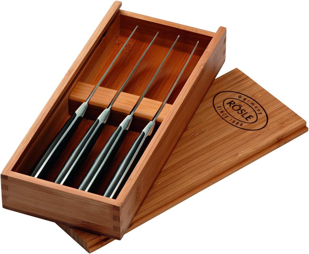 Detalle de RÖSLE Steakmesser-Set 4-tlg. – hochwertiges Steakmesser-Set aus Klingenspezialstahl mit Holzbox
