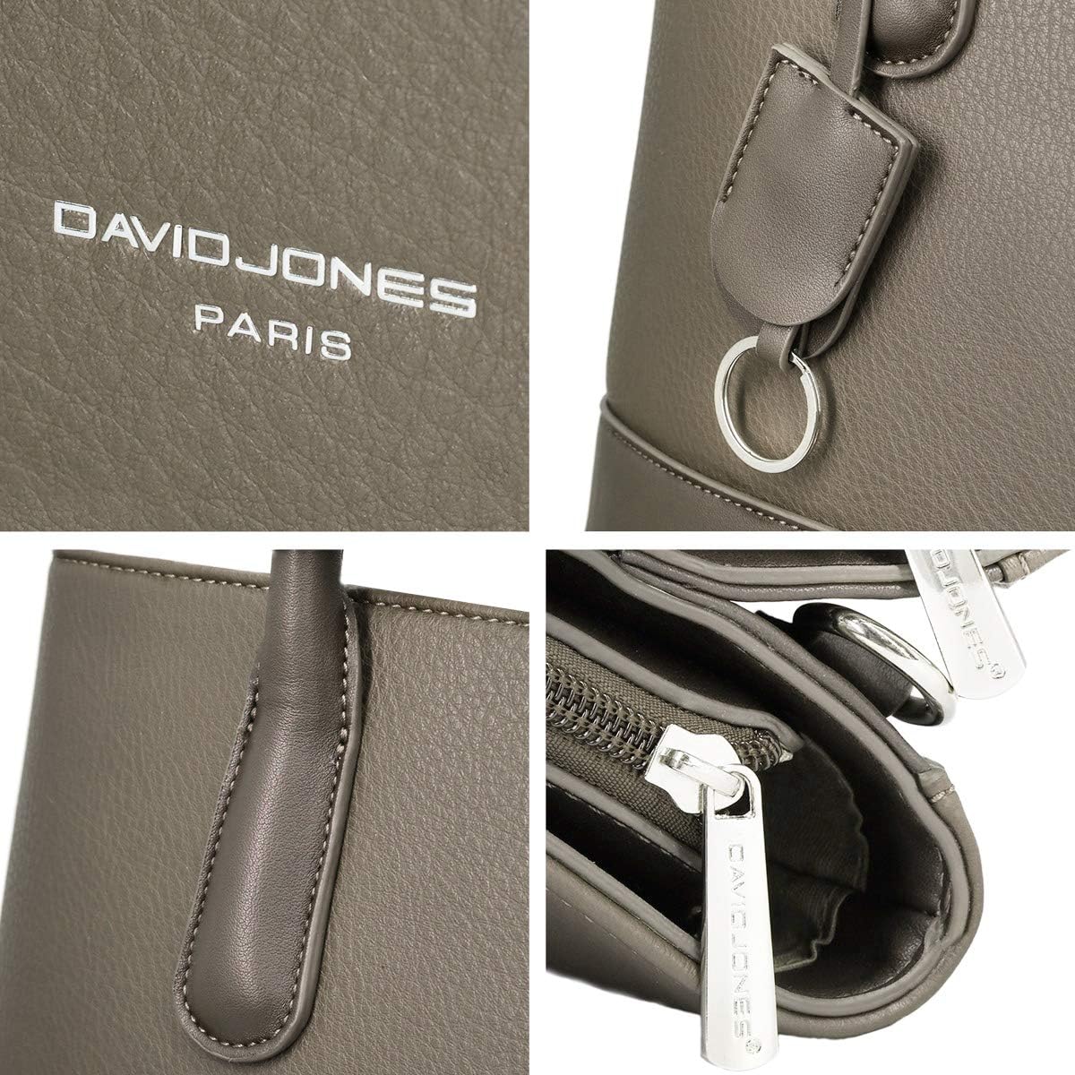 Detalle de David Jones Grand sac à main pour femme marron taupe – grand cabas 2 compartiments PU style cuir
