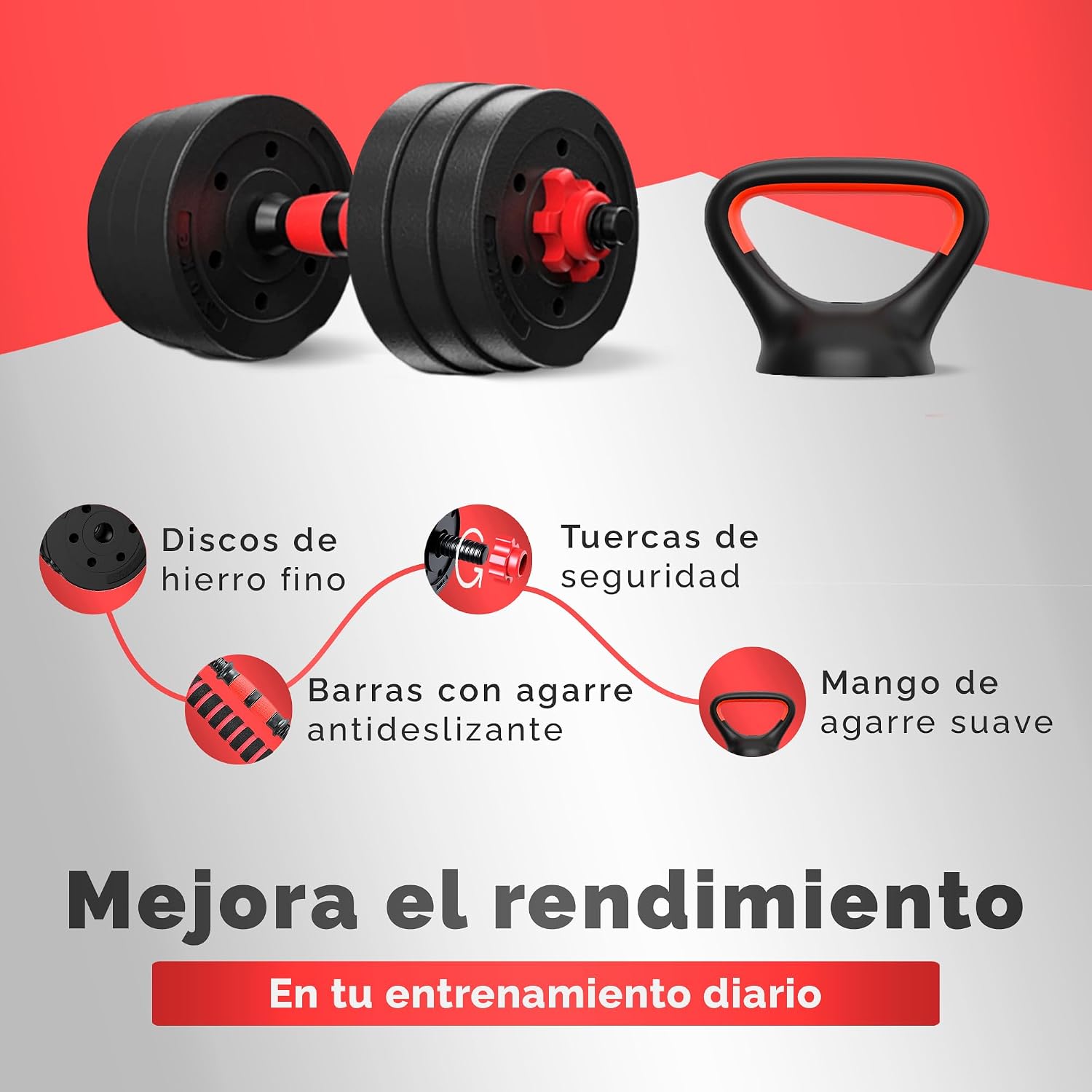 Detalle de JUPPLIES Juego 4 en 1: Mancuernas Ajustables + Kettlebell, 20–40 kg