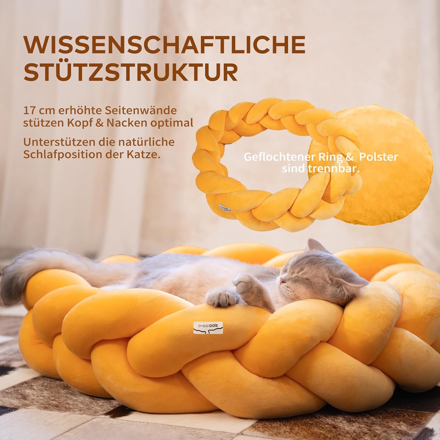 Detalle 2 de CheerPals Großes Katzenbett 60 cm – Geflochtenes, waschbares Kuschelhöhle-Bett für Katzen und kleine Hunde