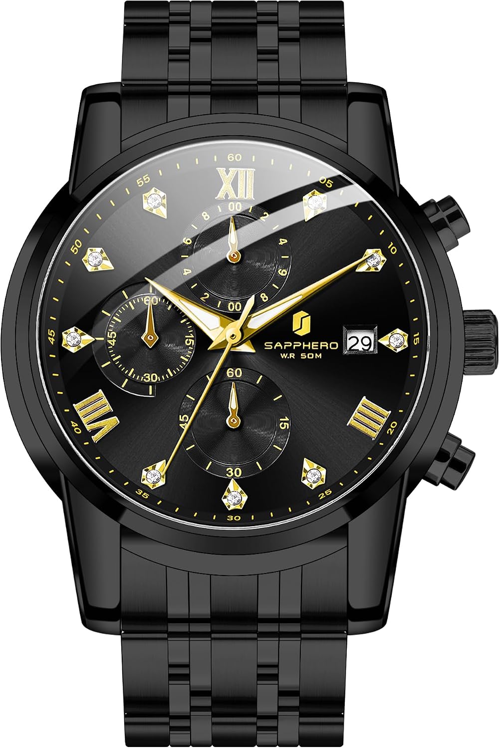 Detalle de SAPPHERO Herrenarmbanduhr Edelstahl, 50M wasserdicht, Chronograph, Datumsanzeige – stilvolle Quarz-Uhr