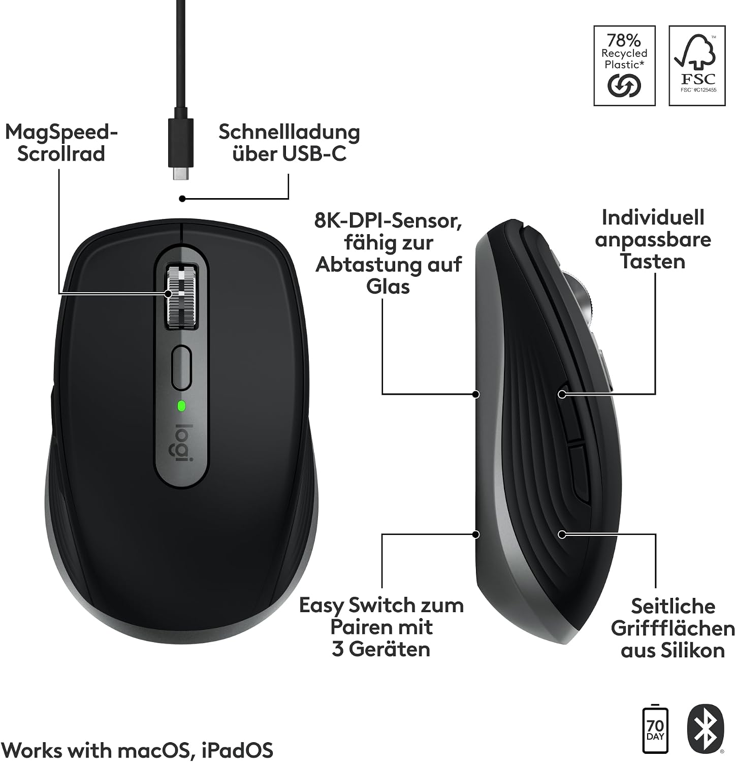 Thumbnail 6 de Logitech MX Anywhere 3S for Mac – kompakte kabellose Maus mit 8000 DPI, leisen Klicks und USB‑C