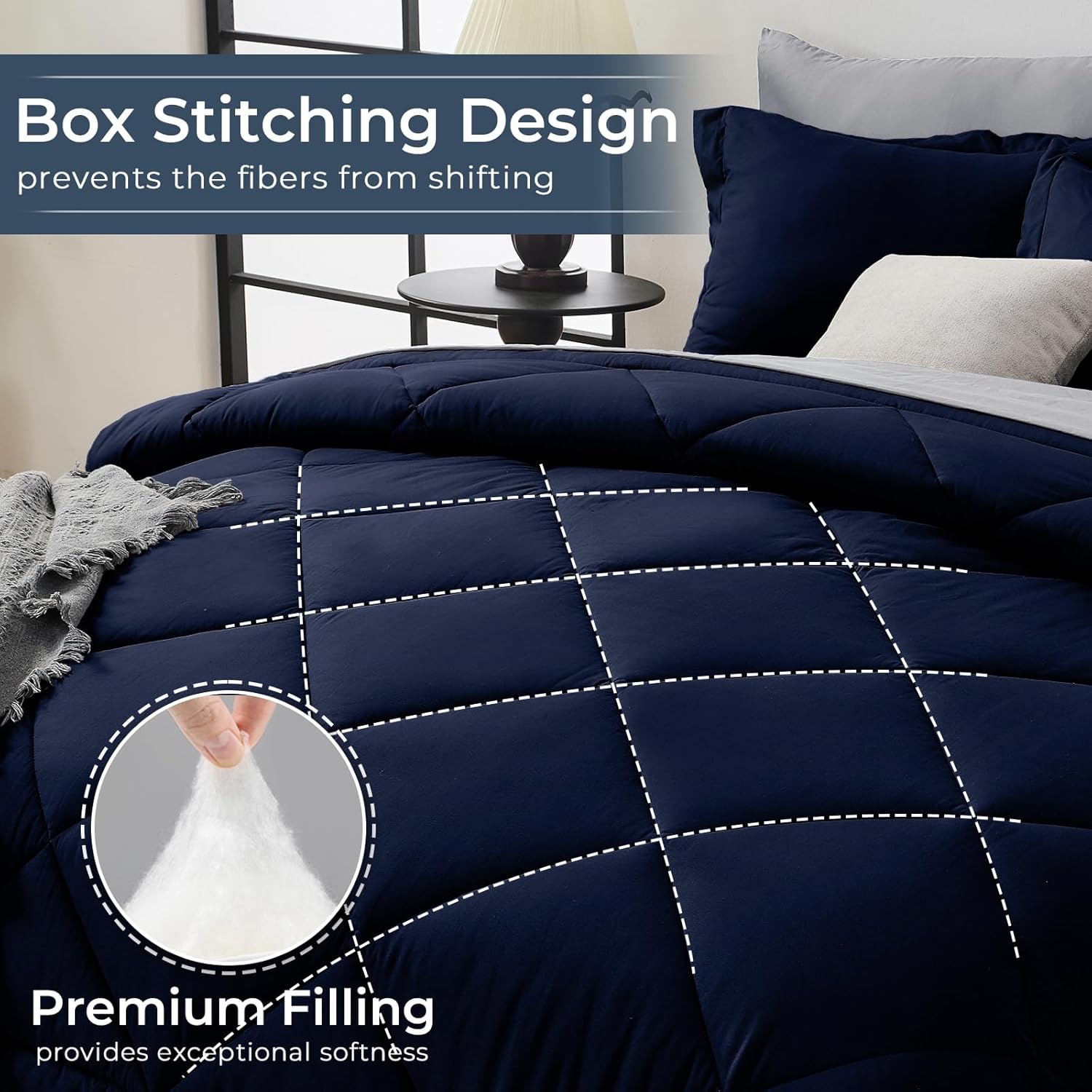 Thumbnail 3 de HEVUMYI Queen Comforter Set - 7-Piece All Season Bed in a Bag (Navy Blue & Light Grey)