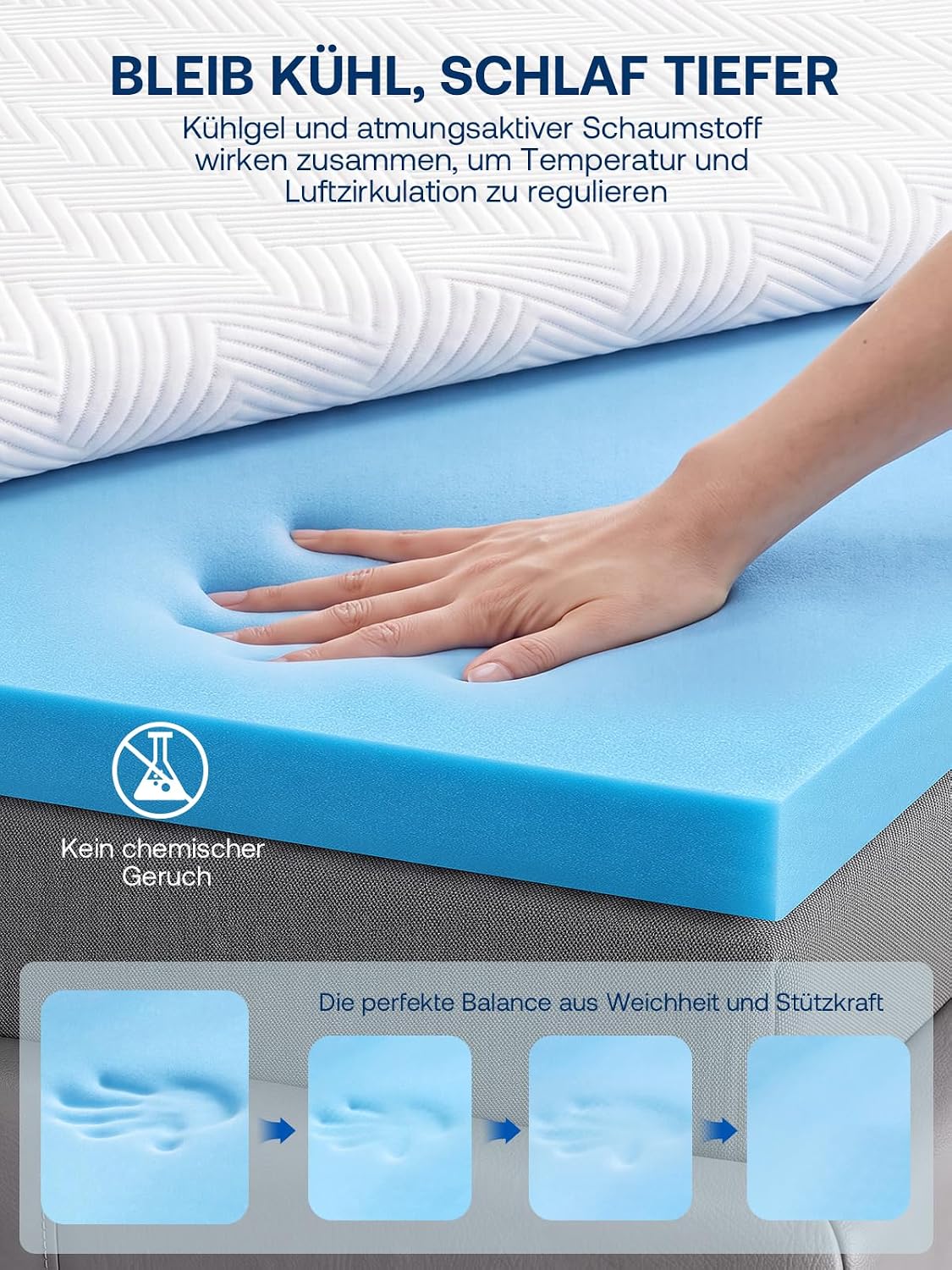 Detalle de Gel Matratzen Topper 180x200 cm – 6 cm Hoch, Gel-Memory-Schaum, atmungsaktiv, OEKO-TEX