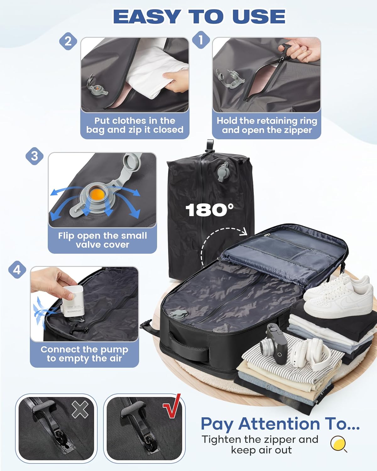 Detalle de SZLX Vacuum Backpack Travel Bag with Pump — Cabin-Ready 40x30x20cm Luggage for Ryanair/Wizz Air and 14-Inch Laptop