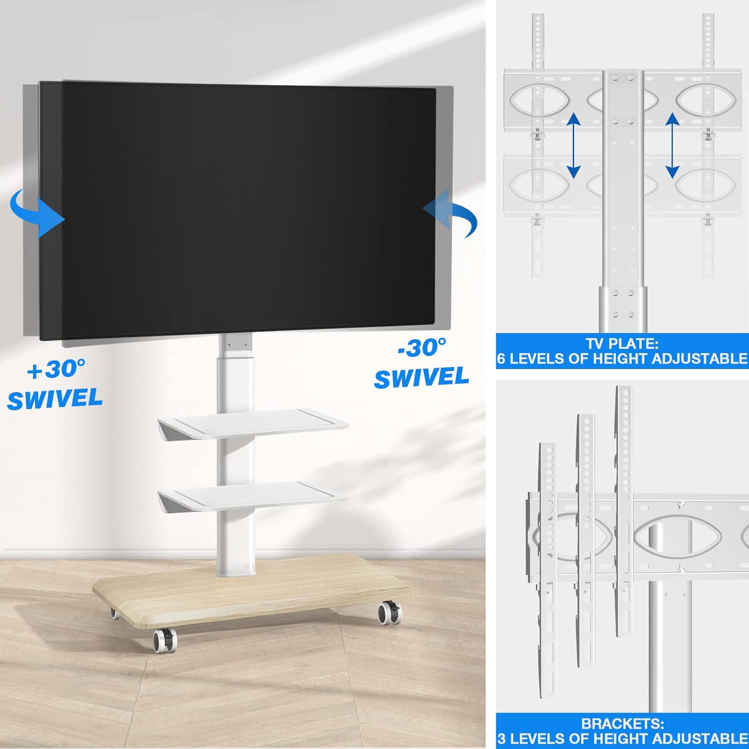 Thumbnail 2 de RFIVER Support TV sur pied à roulettes blanc, hauteur réglable et pivotant (VESA jusqu’à 400×400 mm)