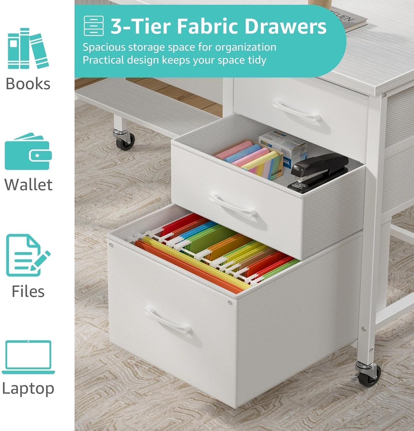 Thumbnail 6 de WINAZ WIN-RTD47-WT Rolling Teacher Desk, 3 Drawers, Privacy Panels