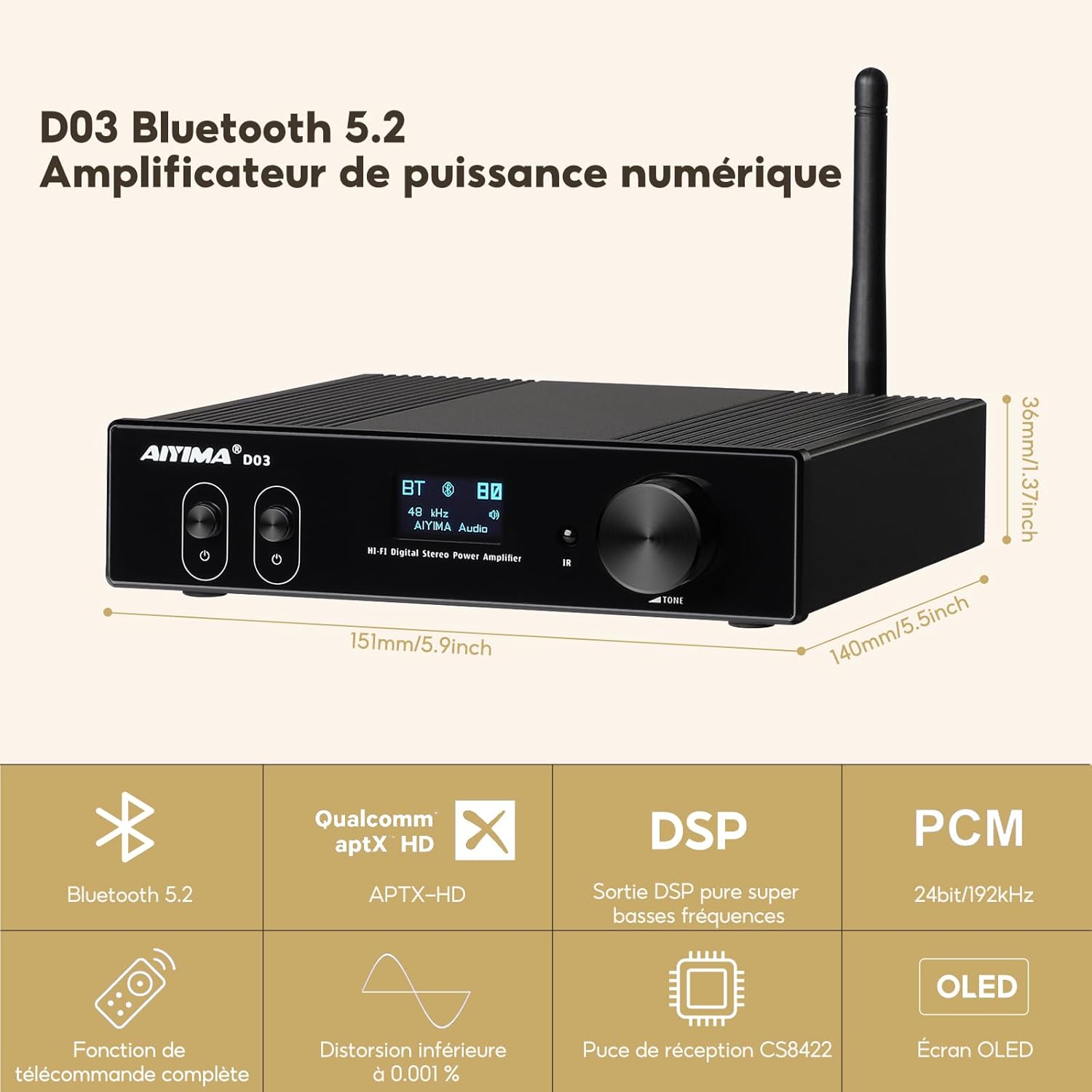 Detalle 2 de AIYIMA D03 Bluetooth 5.0 150 W x 2 — amplificateur numérique Hi‑Fi 2.1 (USB DAC, optique, coaxial, RCA) avec télécommande