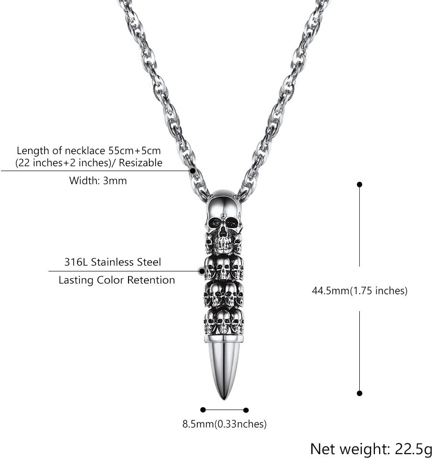 Thumbnail 3 de Collier PROSTEEL « Têtes de Morts » avec pendentif balle/crâne en acier inoxydable 316L (argent 925/plaqué or jaune)