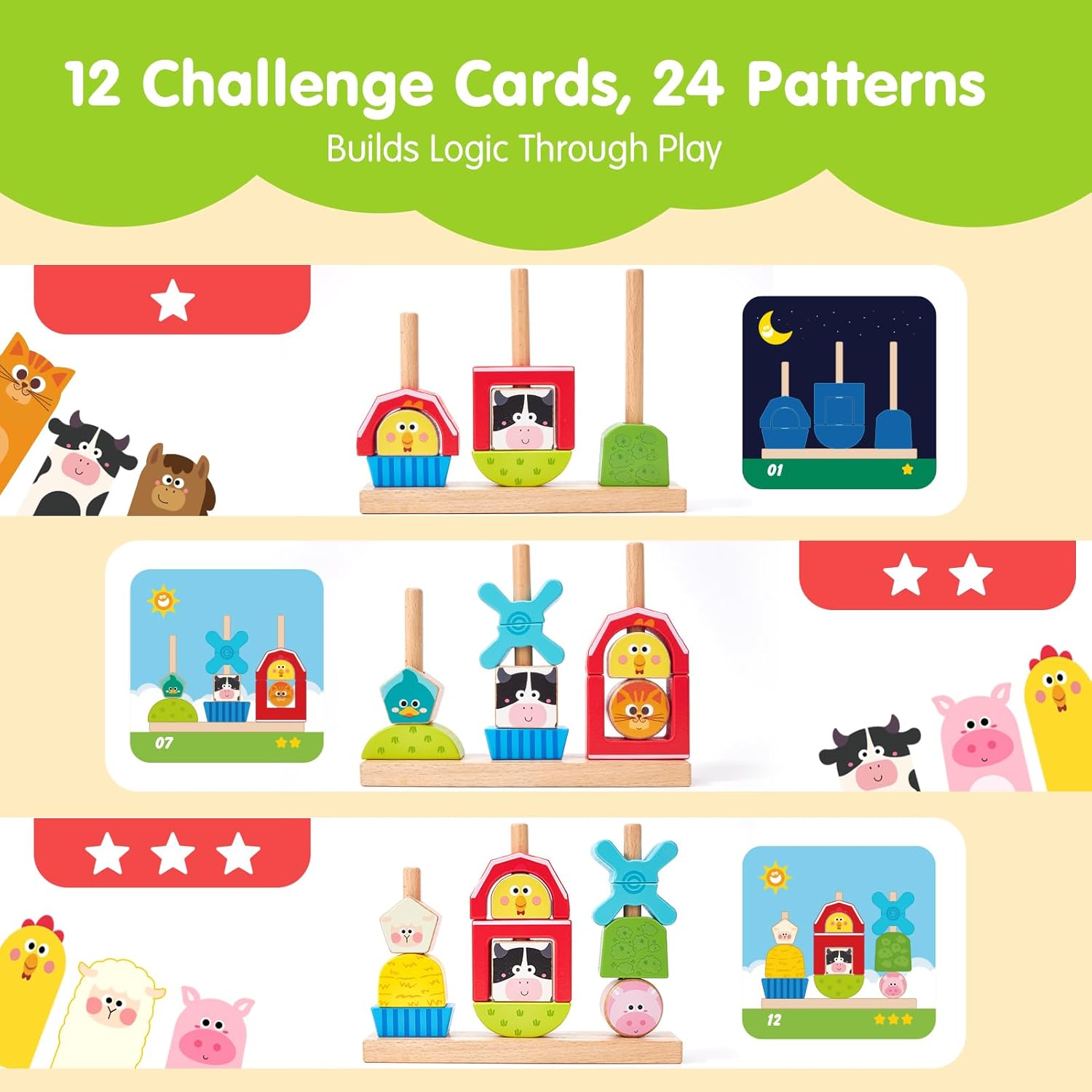Thumbnail 3 de hahaland Wooden Farm Stacking & Sorting Toys for Toddlers (1+ Year) – Montessori-inspired, with Animal Blocks & Day-Night Cards