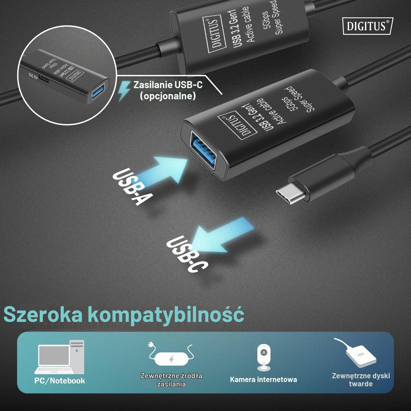 Detalle de DIGITUS DA-70139-2 – aktywny przedłużacz USB 3.2 Gen1, 10 m, 5 Gbit/s