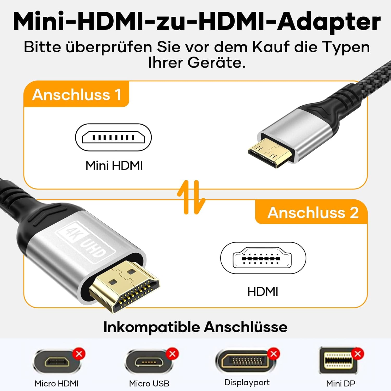 Thumbnail 3 de Mini HDMI auf HDMI Kabel (3 m) für 4K@60Hz: bidirektional, kompatibel mit Kamera, Raspberry Pi Zero & Projektor