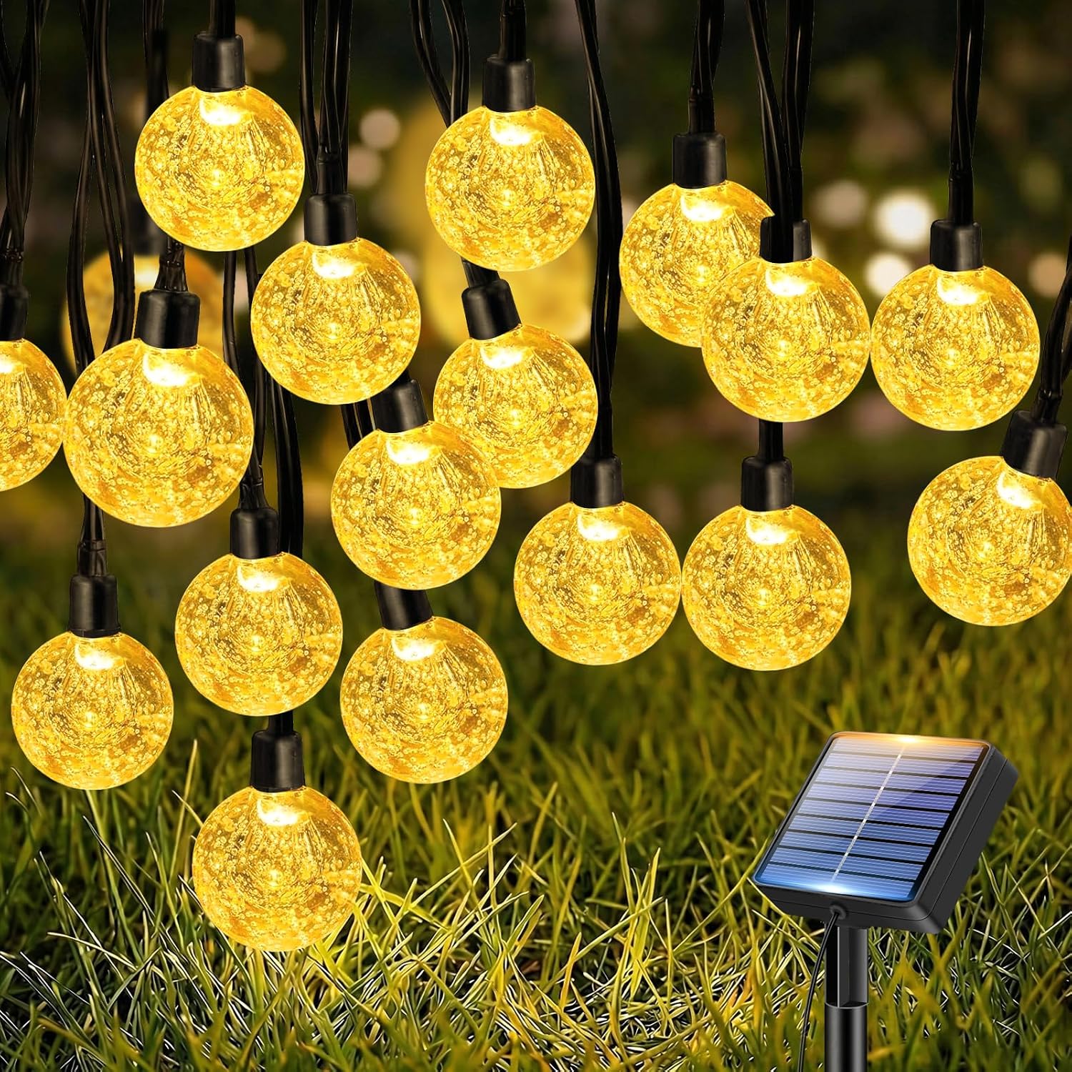 Detalle de btfarm 15 m Solar-Lichterkette mit 50 LED (Kristallkugeln) für außen – 8 Modi, warmweiß, IP65